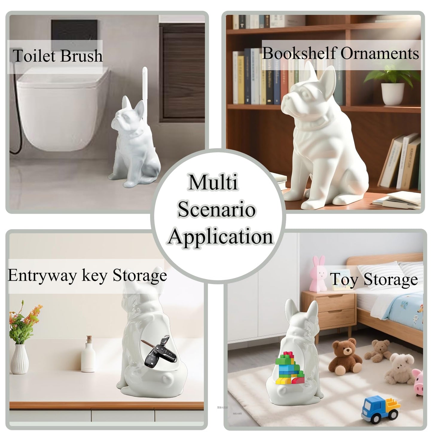 Ceramic French Bulldog Toilet Brush Holder – Cute Bathroom Decor with Hideaway Storage, Space-Saving Design, Premium Ceramic Dog Lover Gift, Includes 2 Durable Scrub Brushes (White)