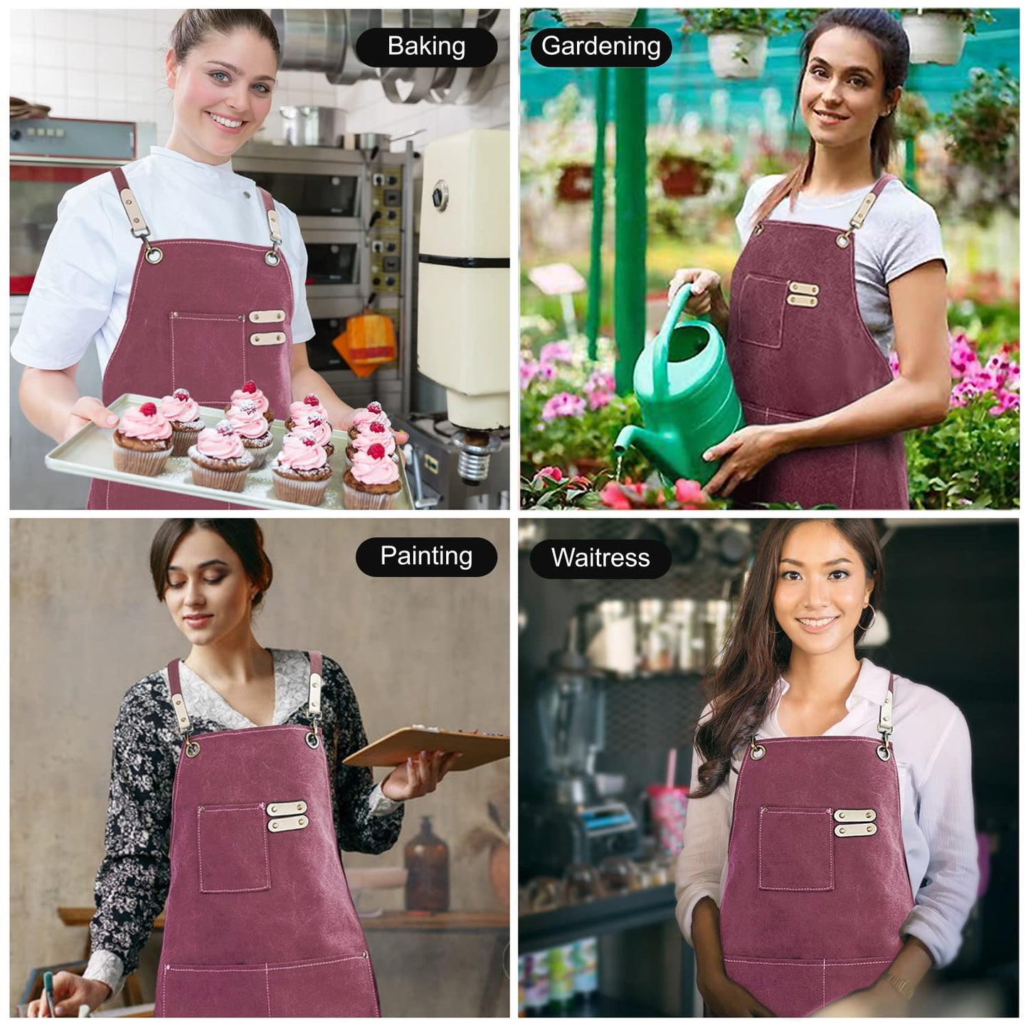 Hongsome Cotton Canvas Cross Back Apron for Gardening Garden Chef Bartender Work Women Men 3 Pockets Waterproof Adjustable M-XXL Purple