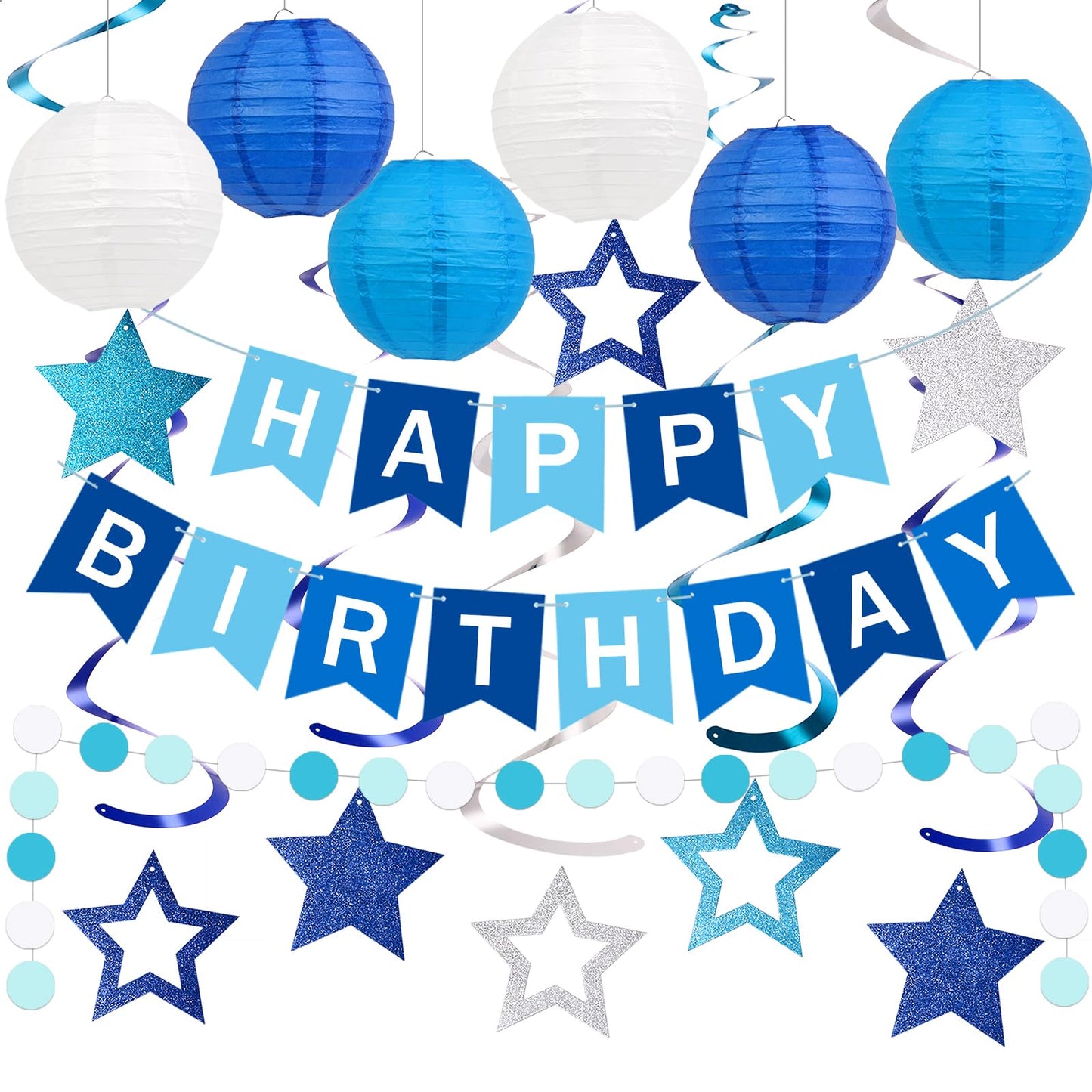 Happy Birthday Decorations, Blue Birthday Party Decorations Set with Happy Birthday Banner, Paper Lanterns, Star Swirl Hanging Decorations & Circle Dots Garland