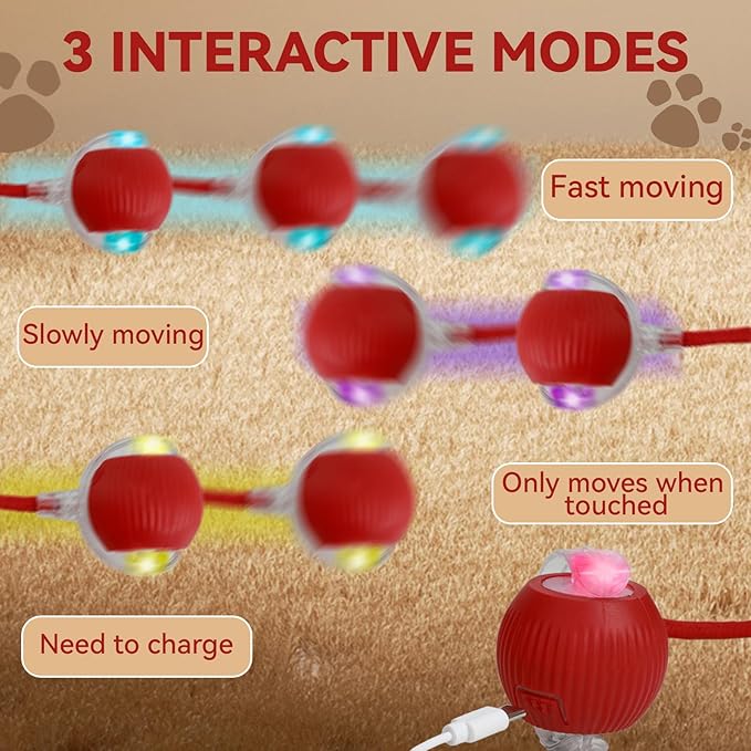 Guyugoey Interactive Electric Automatic Rolling Moving Rechargeable Self Play Stimulation Toy,Smart Pet Chase Ball with Speedy Tail Rope for Bored Indoor Cats Enrichment,stimulating Dogs Toy (Red)