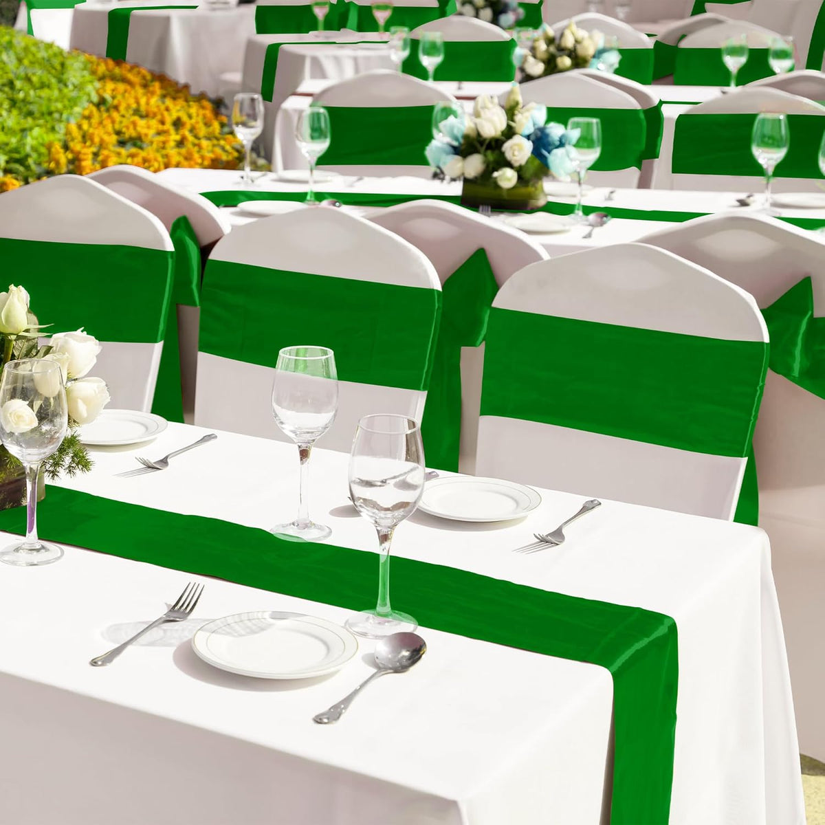 Aneco Satin 12 Pack Table Runner 12 x 108 Inch Emerald Long Wedding Satin Silk Table Runner for Wedding Banquet Graduations Birthday Party Decoration