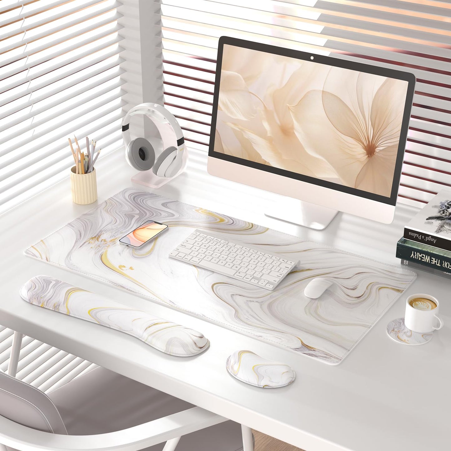 QiyI Leather Desk Mat Set, 4-in-1 Large Mouse Pad with Wrist Rest, Non-Slip Desk Pad + Keyboard Wrist Rest + Mouse Wrist Support + Coaster, Office Desk Accessories Home Decor Supplies, White Marble