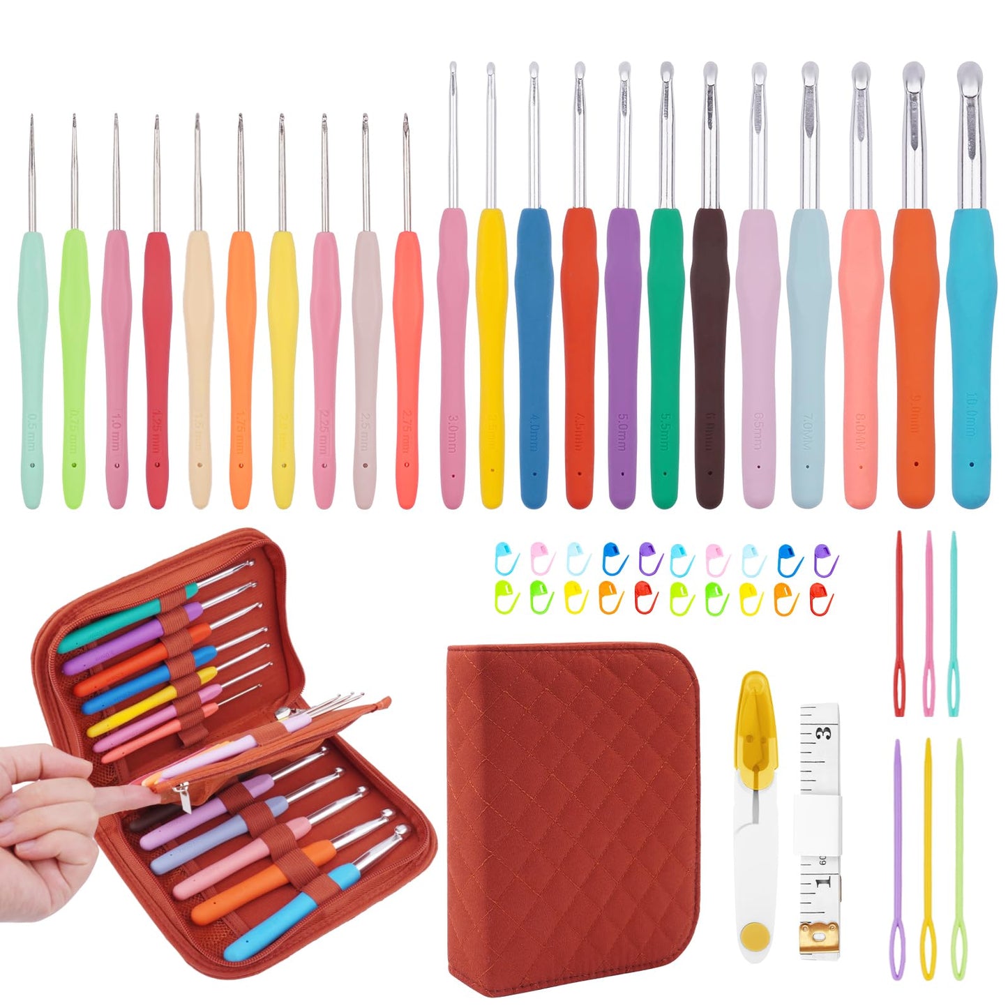 BsHooker 22 Sizes Crochet Hooks Set with Storage Case,0.5mm-10mm Crochet Hooks with Ergonomic Soft Handle for Arthritic Hands,Crochet Kit for Beginners,Red