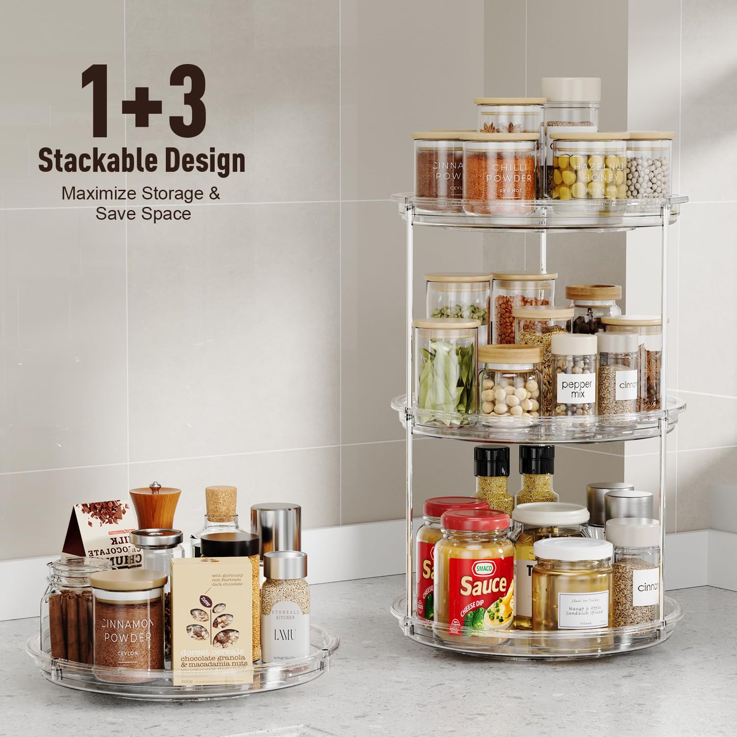 LazySpin 2 Tier Lazy Susan Organizer, 9.25'' Lazy Susan Turntable for Cabinet, Stackable Turntable Organizer Rotating Spice Rack Organization for Kitchen Countertop, Pantry, Bathroom, Clear