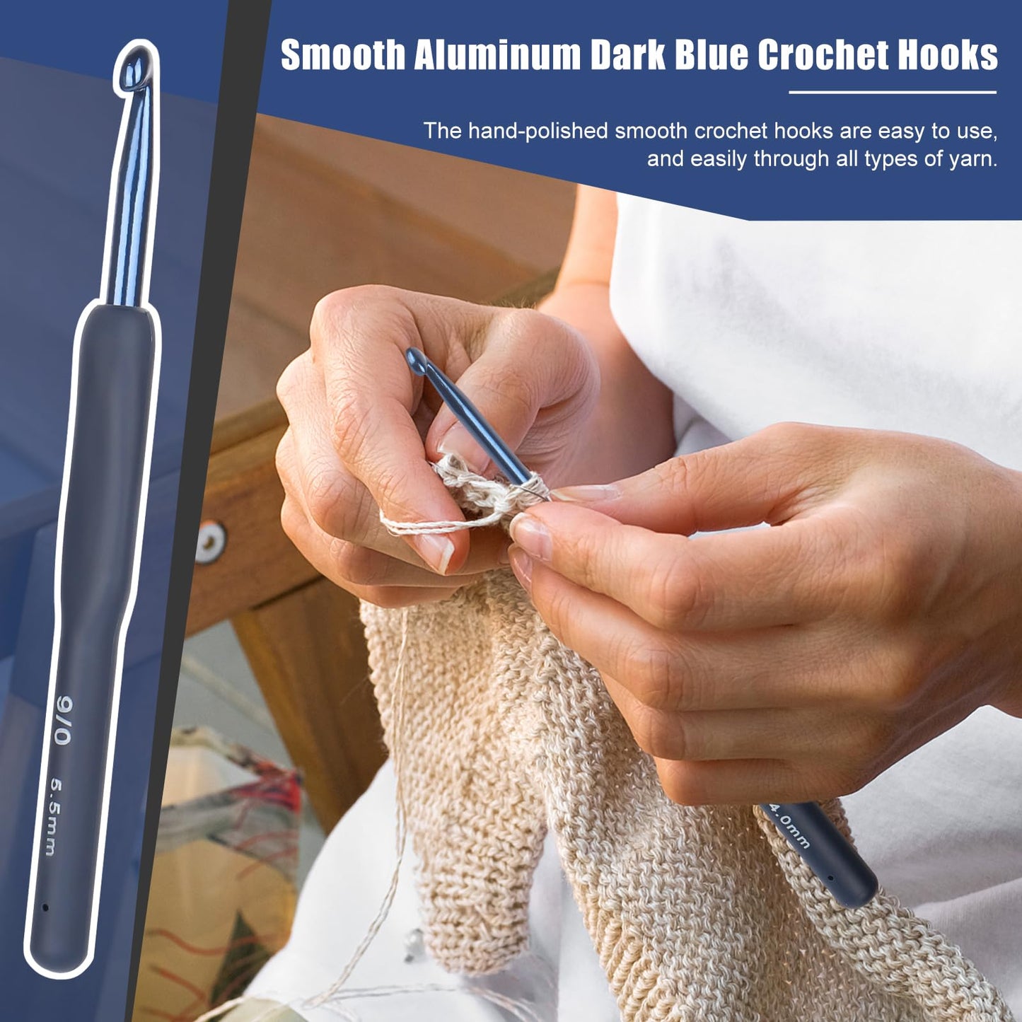 Coopay Dark Blue Crochet Hooks Ergonomic Soft Grips, 9PCS Crochet Set Aluminum Crochet Needle for Beginners/Professionals, Ergonomic Crochet Hook Set for Arthritic Hands, Ideal Crochet Accessories