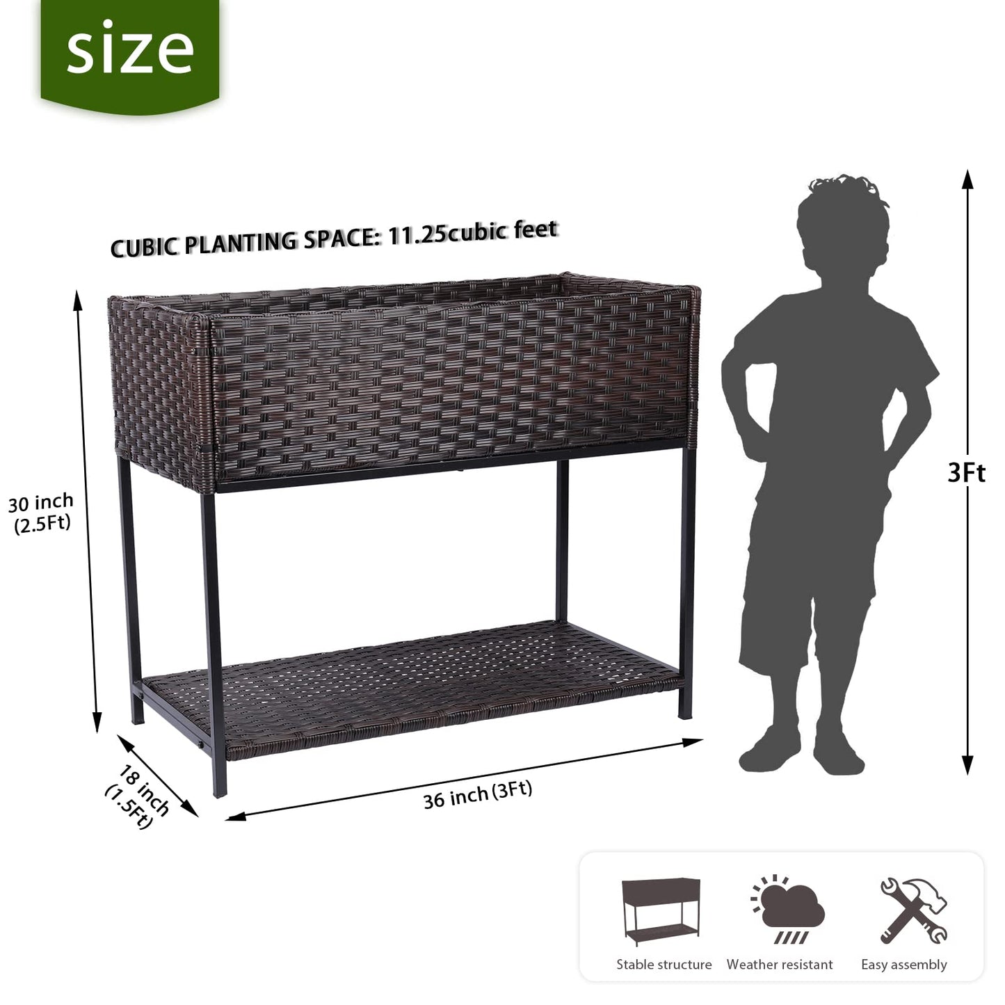 Chonsun Raised Garden Bed - 3x1.5x2.5 ft Rattan Raised Bed Wicker Elevated Raised Garden Bed with Underneath Tool Storage Rack Shelf, Outdoor Raised Flower Planter Box
