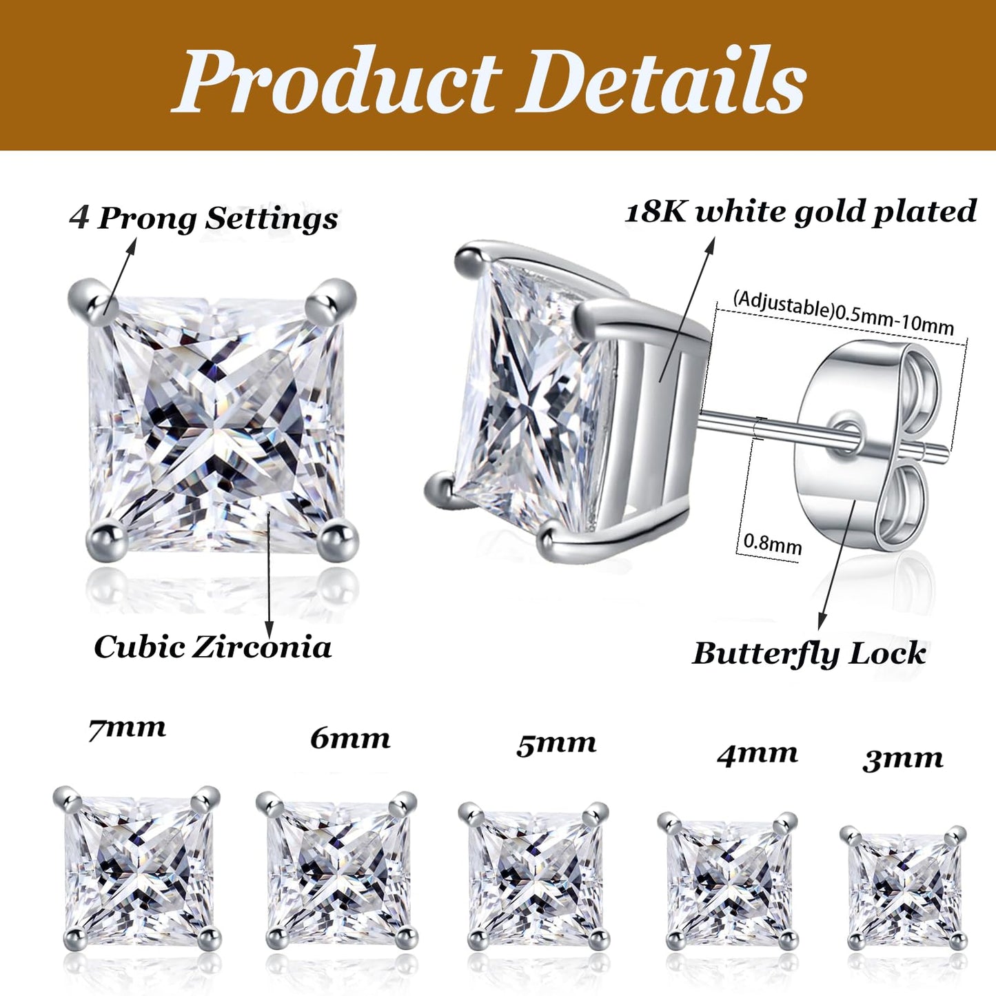 Gemsme 5 Pairs Princess Cut Cubic Zirconia Stud Earrings for Women/Men - 18K White Gold Plated Hypoallergenic 3-7mm Square Clear CZ Earring Set