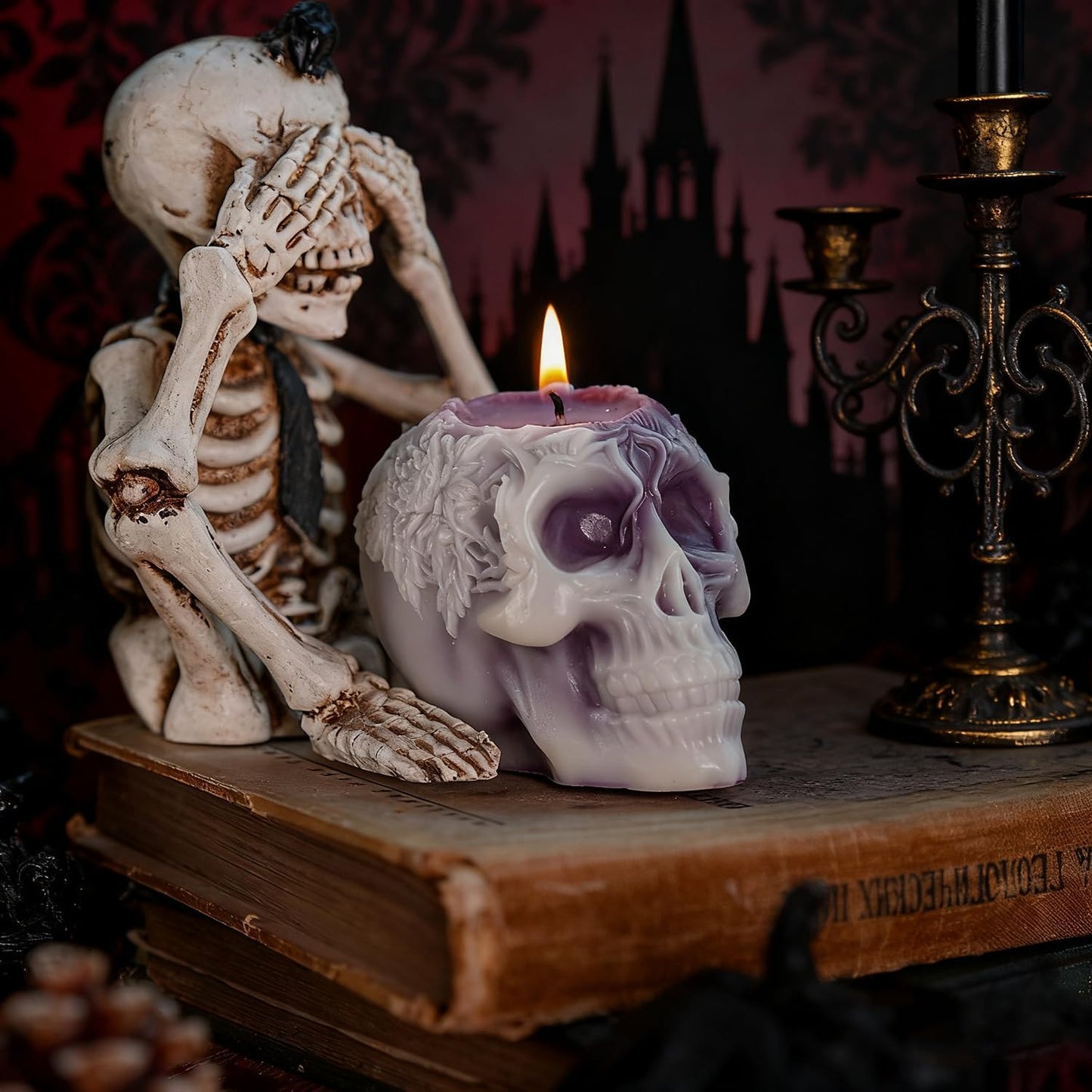 Sungmor Purple Skull Shaped Candles - Halloween Decor, Day of the Dead Gifts, Gothic Home Decor Candles, Unique Scented Candle for Spooky Ambiance, Set of 2, 100% Natural Soy Wax Decorative Candle