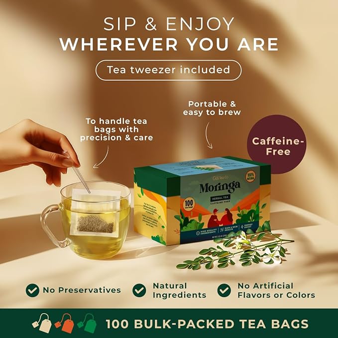 Gya Tea Co Moringa Herbal Tea Bags (100 Bags) - Caffeine Free with a Tangy Flavor for All Day Comfort, Calming, Relaxing & Nourishing - Fruit & Herbal Blends