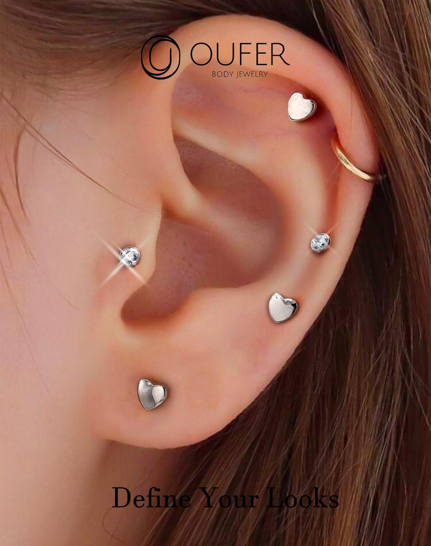 OUFER 2Pcs Conch Piercing Jewelry, 16G G23 Solid Titanium Push in Earring Stud Flat Back Star Heart Shaped Tiny CZ 3MM Silver Helix Cartilage Conch Lobe Earrings for Women Men-12MM