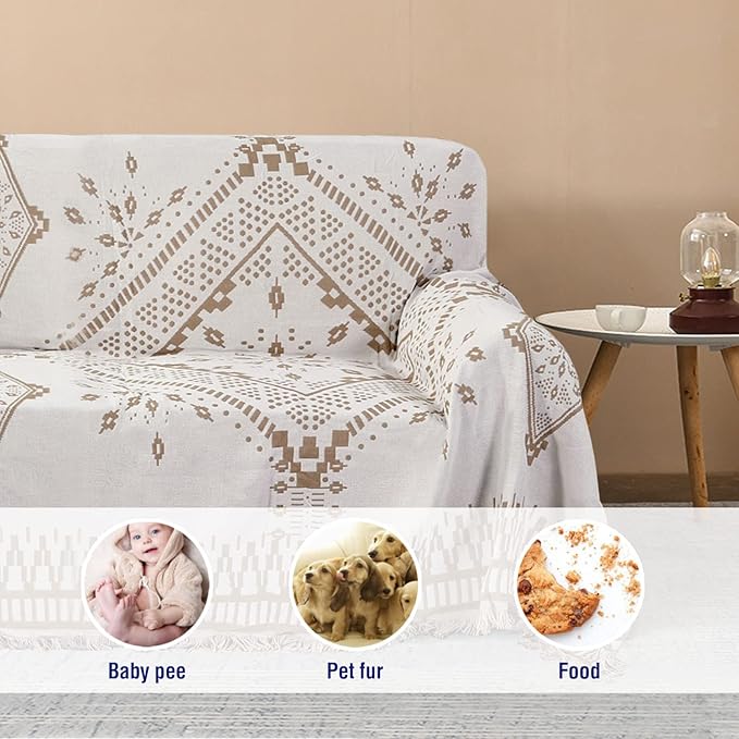 H.VERSAILTEX Reversible Sofa/Couch Cover for Dog, Slipcover for Most Shape Sofa Furniture Protector with Tassels for Sectional Couch (Large: 71" x 102", Sand/White)
