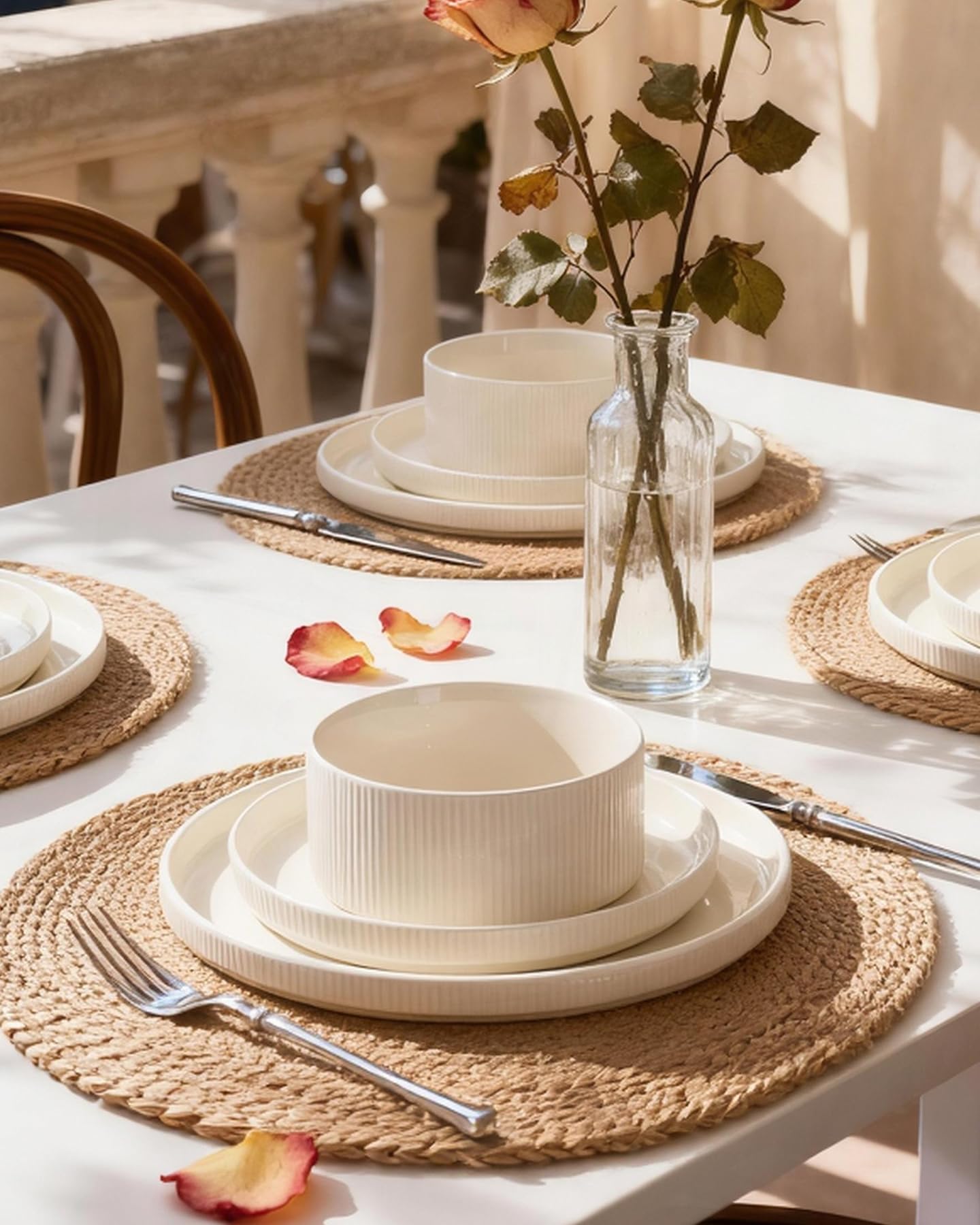 Richmount Star 12-Piece Plates and Bowls Set, Porcelain Dinnerware Sets for 4 Service, Modern Dish Set-Chip and Scratch Resistant, Dishwasher & Microwave Safe, Creamy White