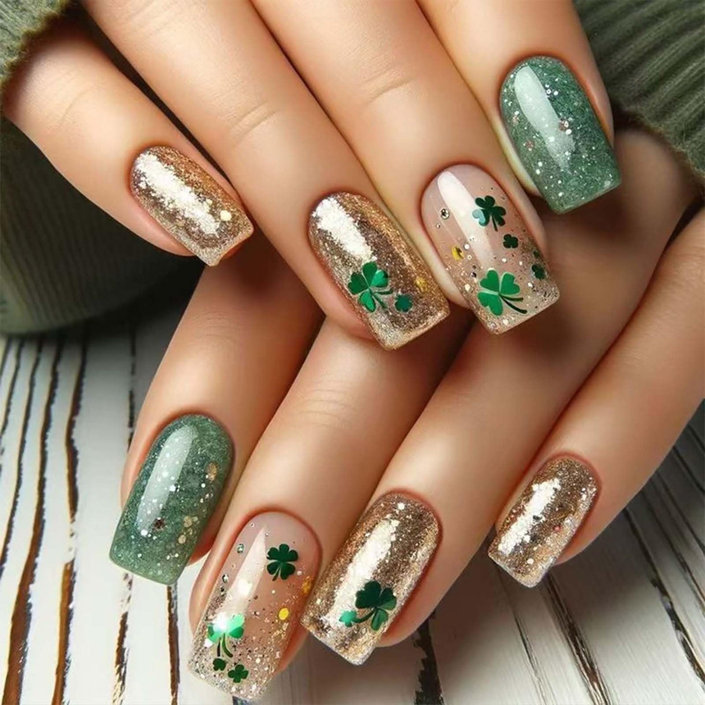 24Pcs St. Patrick's Day Press on Nails Medium Square Fake Nails with Shamrock Designs Full Cover False Nails Green Gold Glitter Reusable Glue on Nails for Women Saint Patrick Manicure Decor