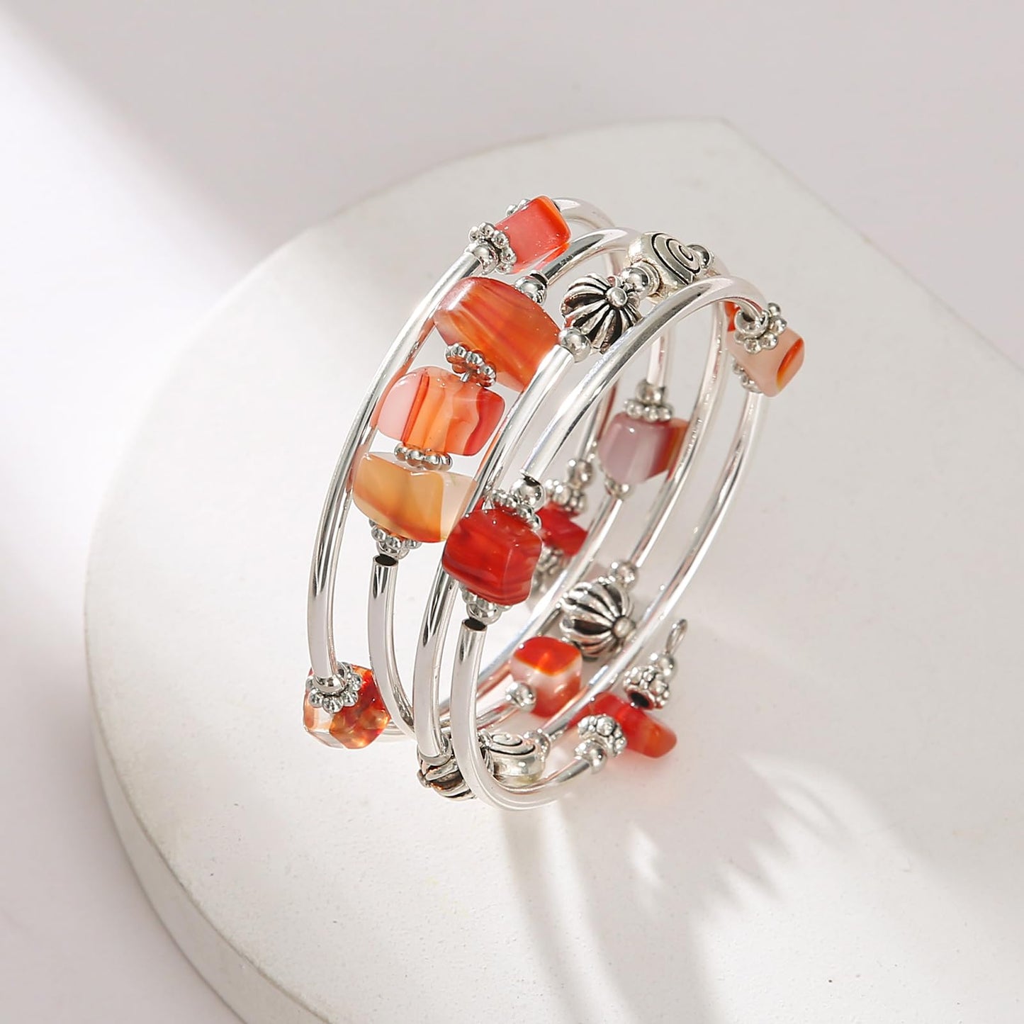 FULU AUTUMN Stone Silver Bangle Wrap Bracelet Boho Turquoise Crystal Chips Bead Bracelets Fashion Jewelry Birthday Gifts for Women(19-Red)