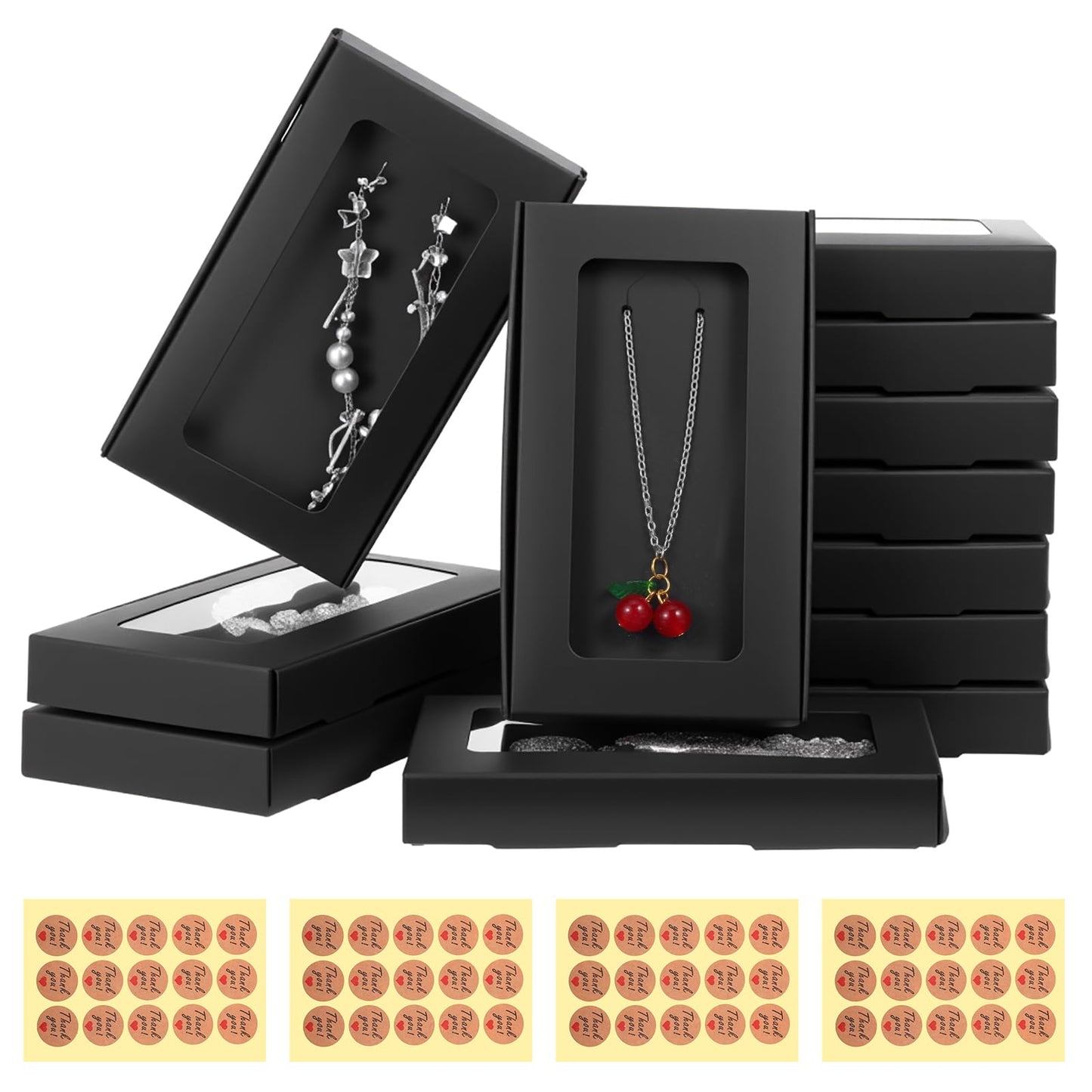 Tobeelec 50 Pcs Jewelry Packaging Boxes with Stickers - 5.4"x3.4"x0.7", Paper Necklace Gift Box Bulk with Clear Window Display Card Sticker for Displaying Necklaces Rings Bracelets Earrings (Black)