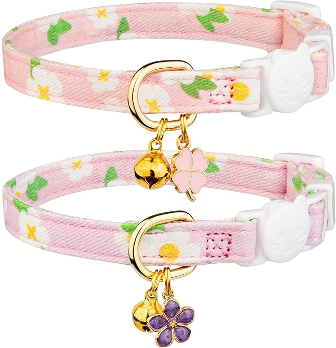 2 Pack Cotton Cat Collar Beige and Green Flowers Cute Kitten Cat Collar