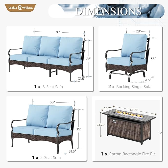 Sophia & William Patio Furniture Set, 5 Piece Metal Outdoor Conversation Set with 3-Seater Outdoor Couch, 2 Sofa Chairs, 1 Loveseat,1 Coffee Table for Outdoor Seating, Backyard, Porch(Blue)