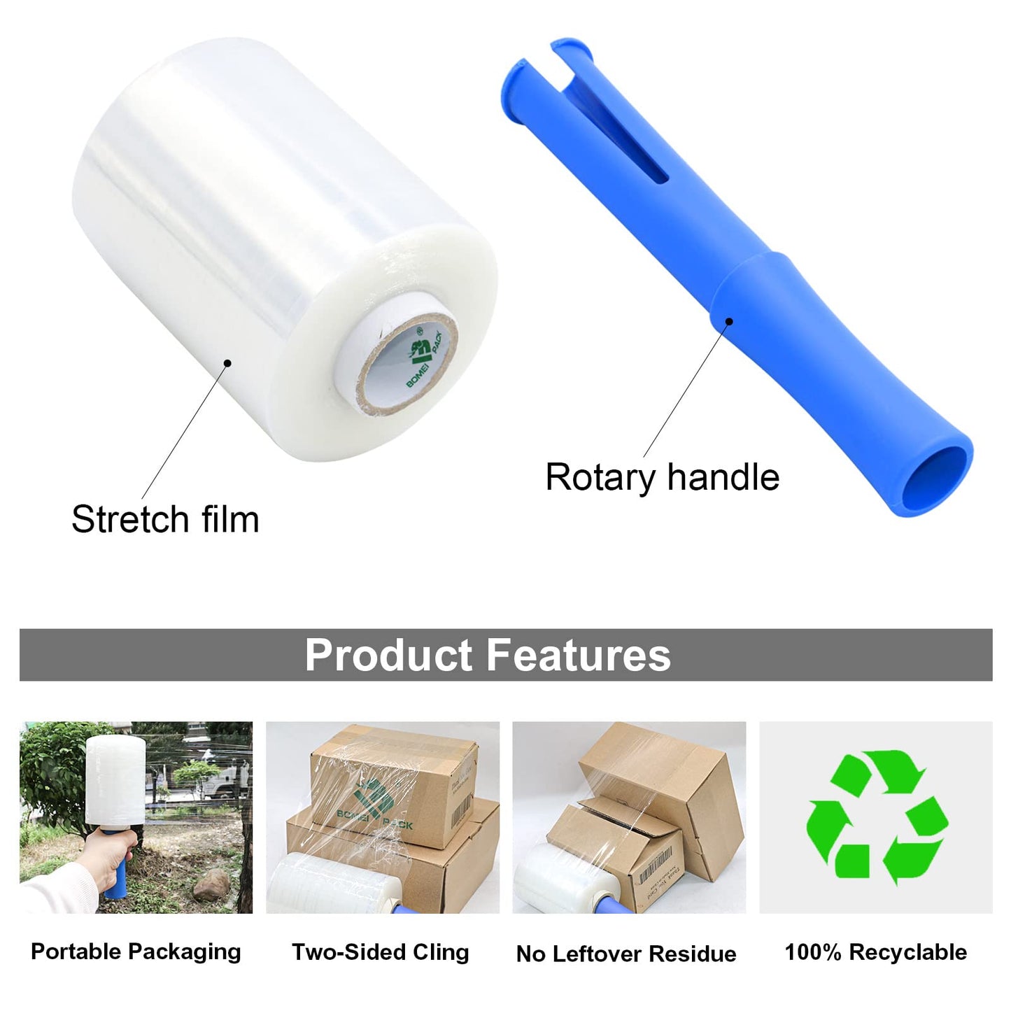 BOMEI PACK Mini Clear Industrial Stretch Wrap Film 5" x 1000ft 4 Pack with Handle, 80 Gauge Thick Cling Plastic Wrap for Moving, Pallet Wrap - Self Adhering Packaging Heavy Duty Shrink Film