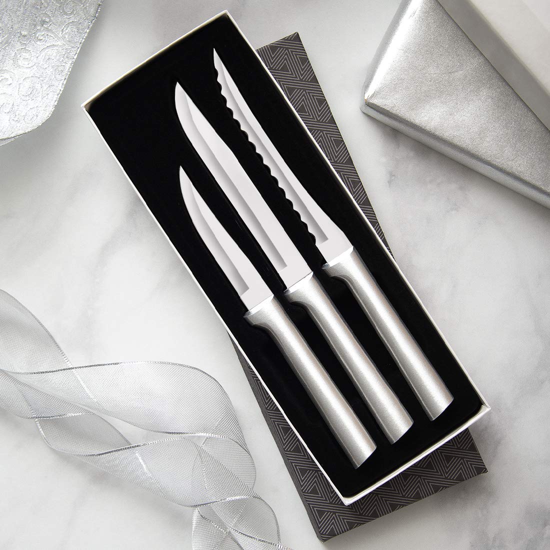 Rada Cutlery Cooking Essentials Gift Set (S49), 3-Piece Knife Set with Quick Edge Sharpener (R119), Stainless Steel Blades, Silver Handle