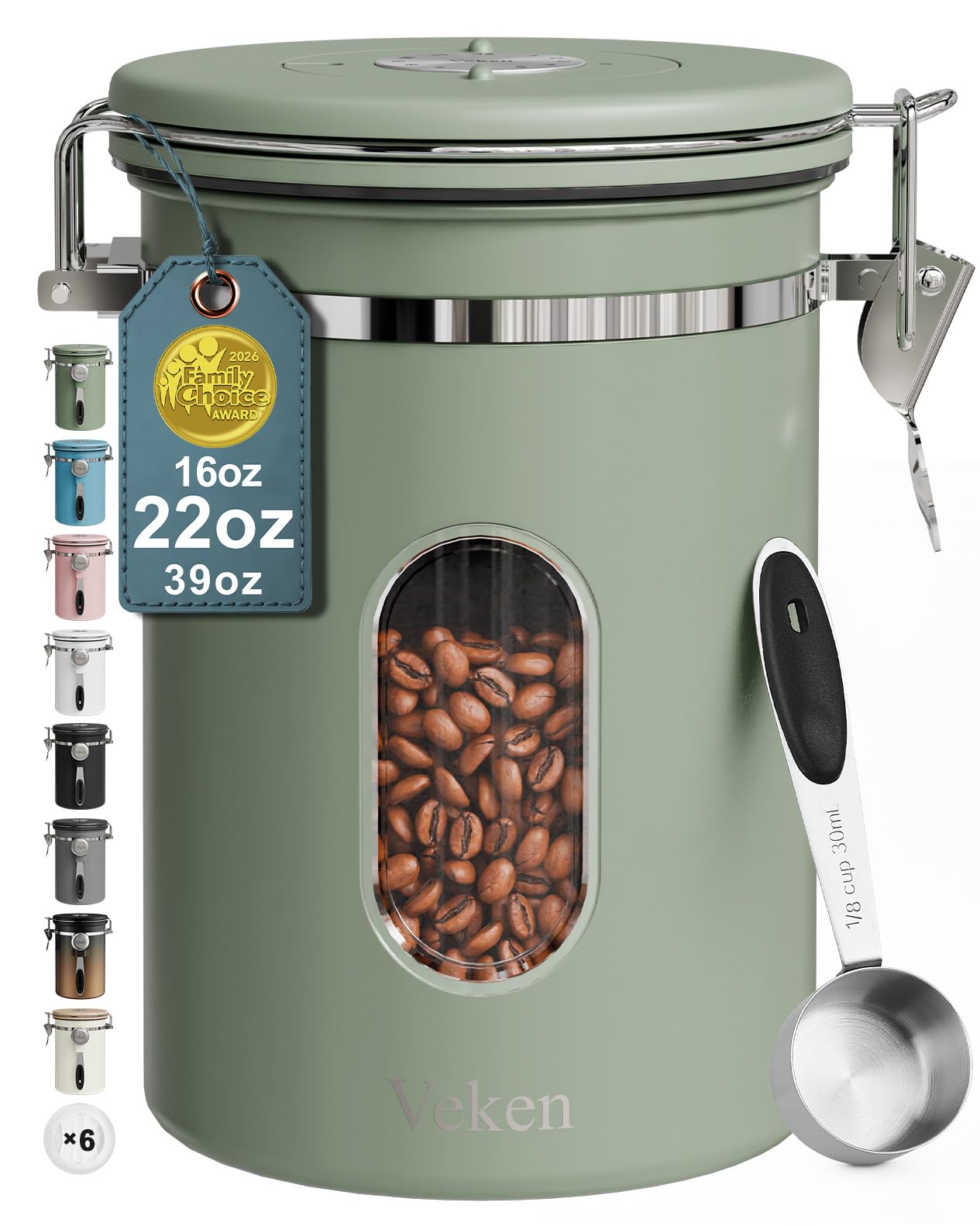 Veken Coffee Canister with Window, Airtight Stainless Steel Kitchen Food Storage Container with Lids, Date Tracker and Scoop for Grounds Coffee, Beans, Tea, Flour, Cereal, Sugar Jars, 22OZ, Green