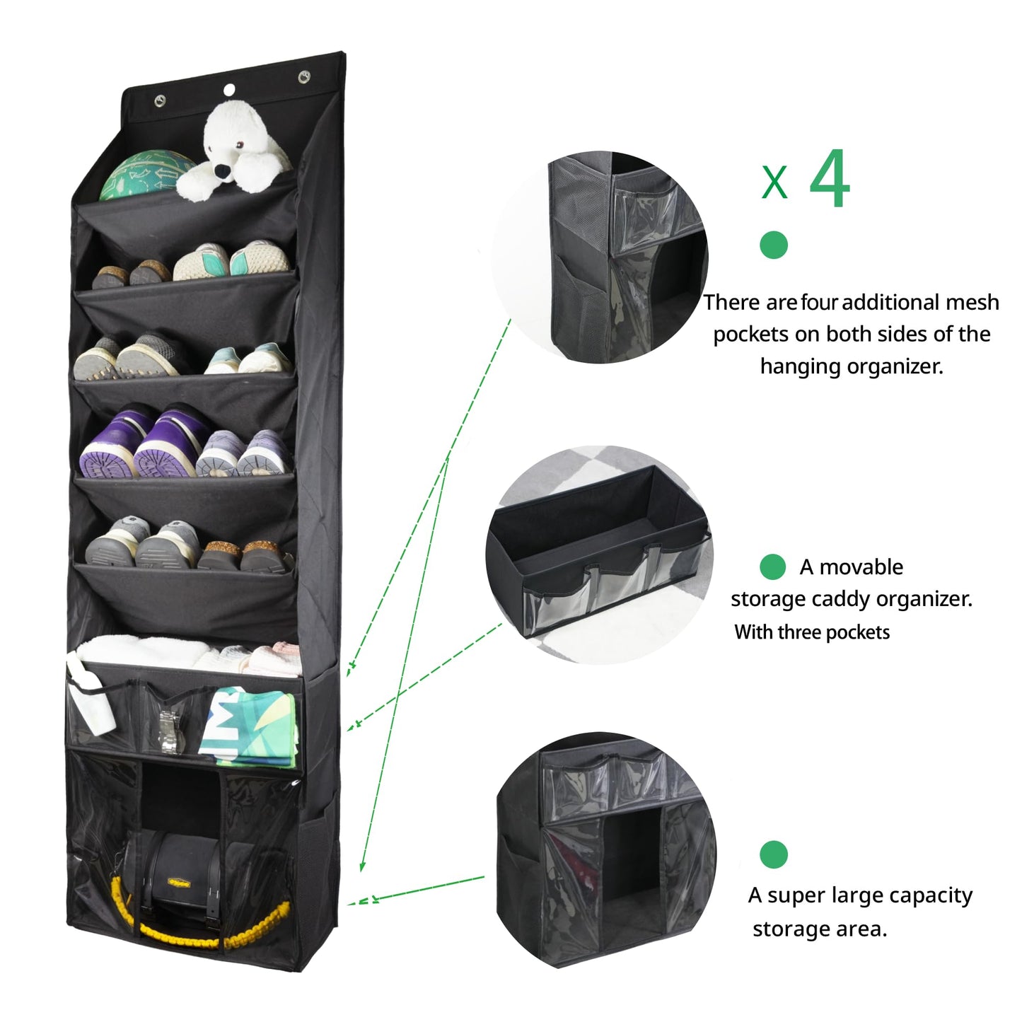 3in1 Over The Door Shoe Organizer with 5 Slanted Compartments,Removable Storage Bin & Transparent Pockets,Thickened Waterproof Oxford Fabric Shoes Rack for Shoes,Boots,Toys,Daily Essentials. (Black)