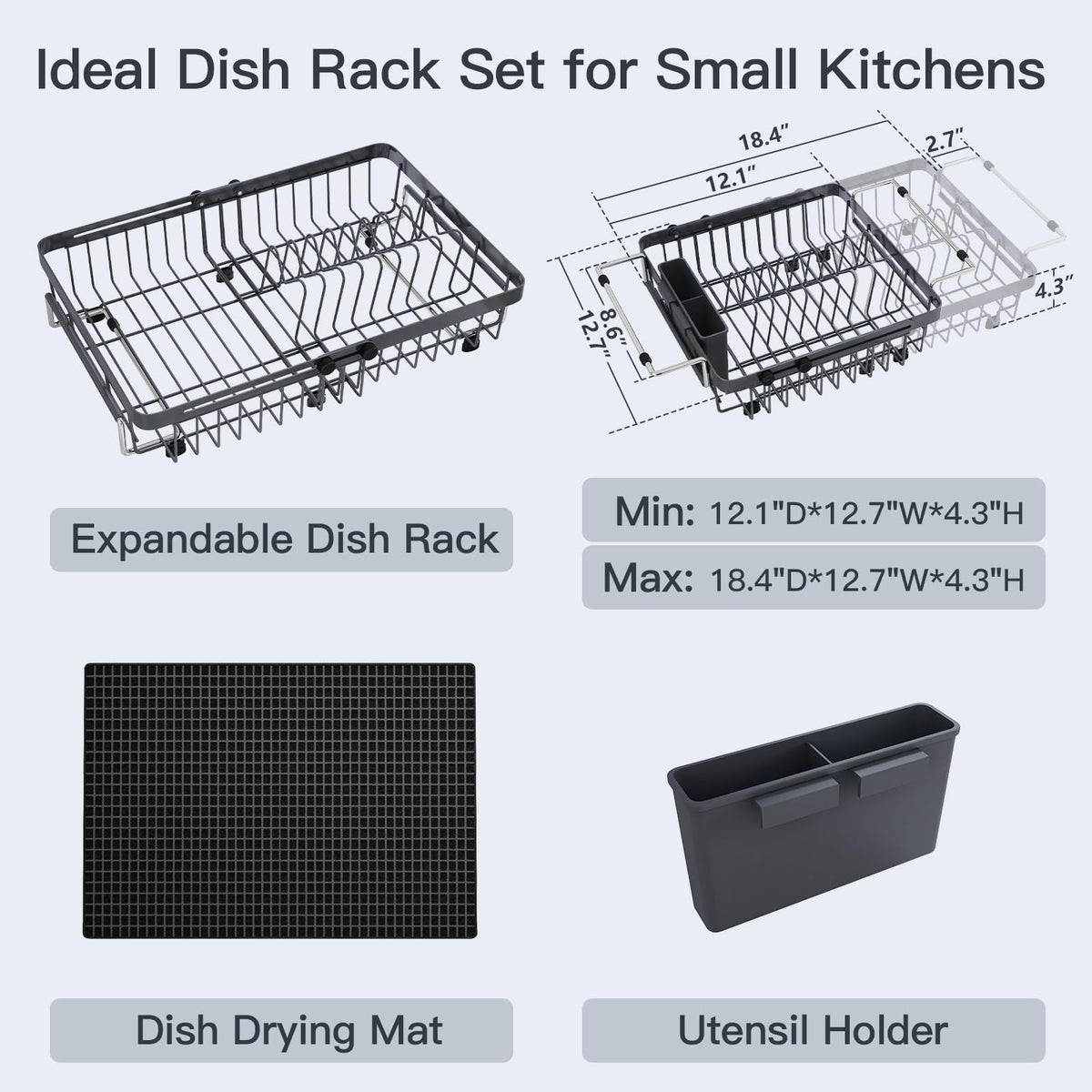 Grey Dish Drying Rack Over The Sink with Utensil Holder