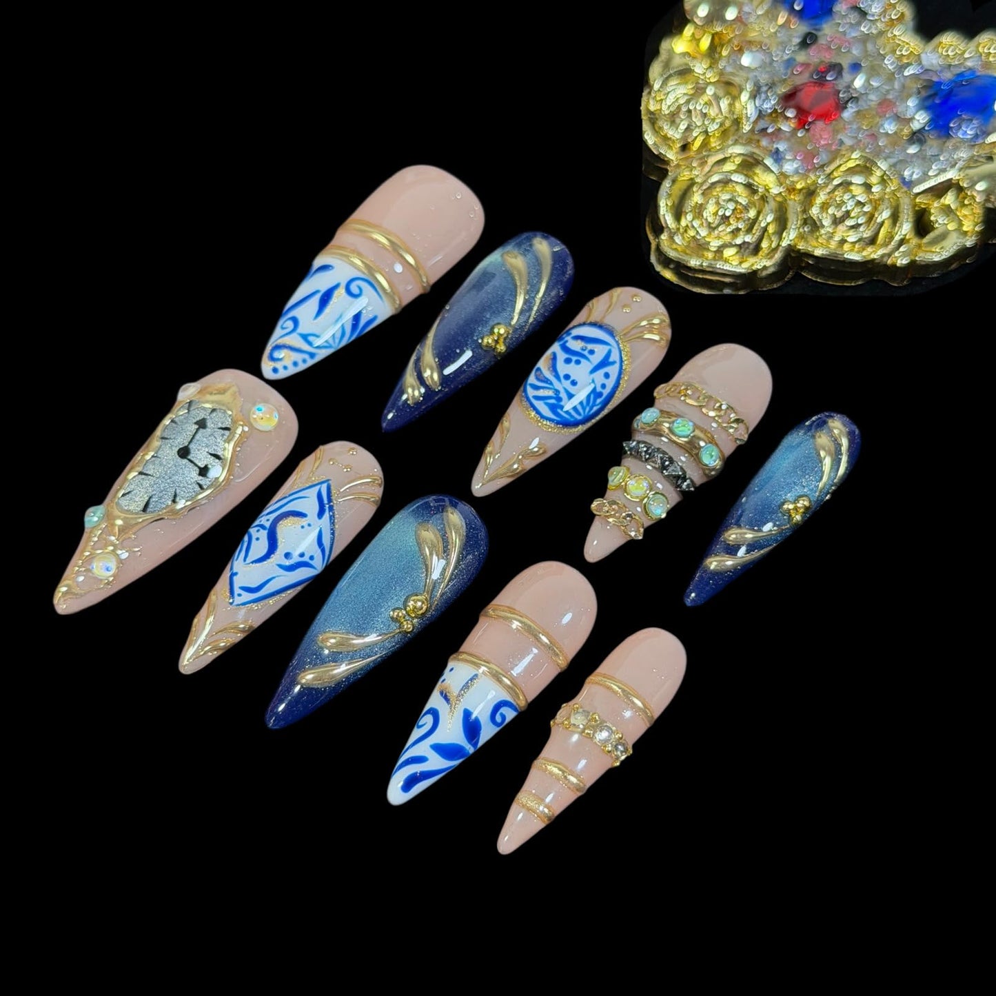 3D Handcrafted Press On Nails, Luxury Fake Nails with Porcelain Pattern, Ring Jewelry Inspired & Unique Clock Face Design, Reusable Acrylic False Nails Navy Blue (M)
