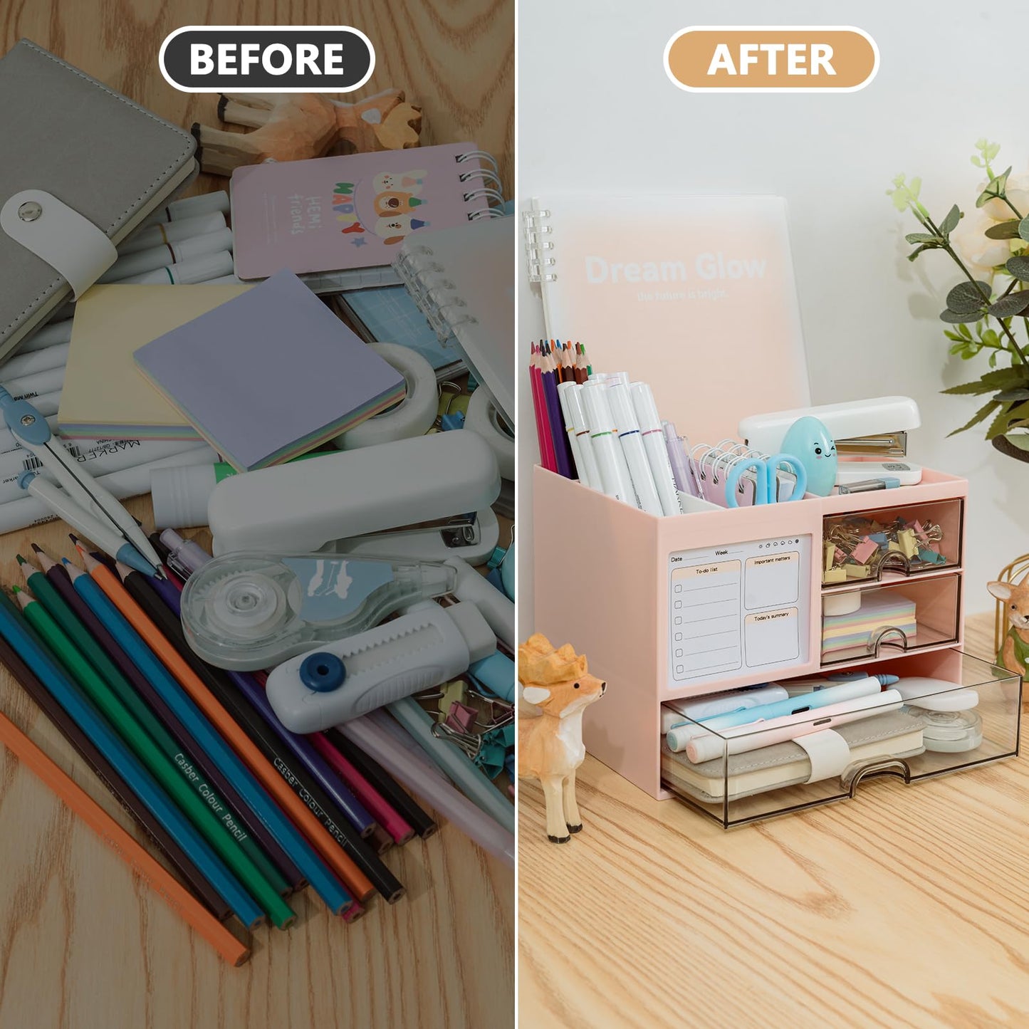 QIYVLOS Multi-Functional Desk Organizer with 3 Drawer and 8 Compartments, Pink