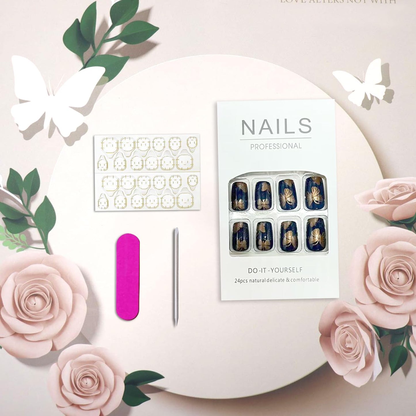 Vopintpy Gold Butterfly Press on Nails Medium Square Fake Nails with Design Glossy Acrylic Glue on Nail Reusable Full Cover Artificial Stick on Nail for Women DIY Manicure