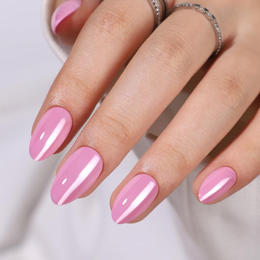 Short Almond Press On Nails - Soft Gel Press on Nails Pink Fake Nail Solid Colour False Nails Fit Perfectly Reusable Glossy Glue On Nails in 16 Sizes, Stick on Nails for Women Girls 32Pcs
