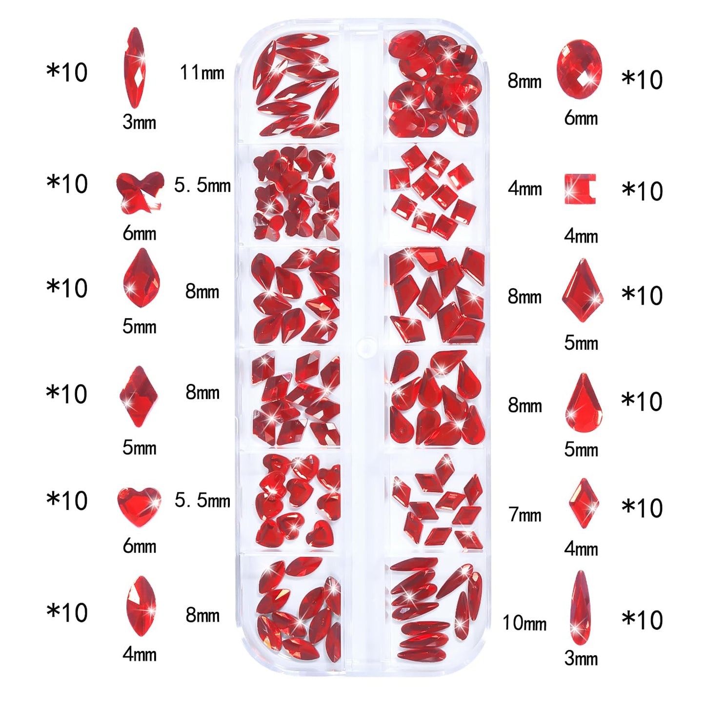 Nail Rhinestones - 3D Multi Shape Size, Flat Back, Crystals Manicure Rhinestones Charms, Red Nail Gems, with Kit, for Nail Art, Bedazzling Acrylic Nails, DIY Decor