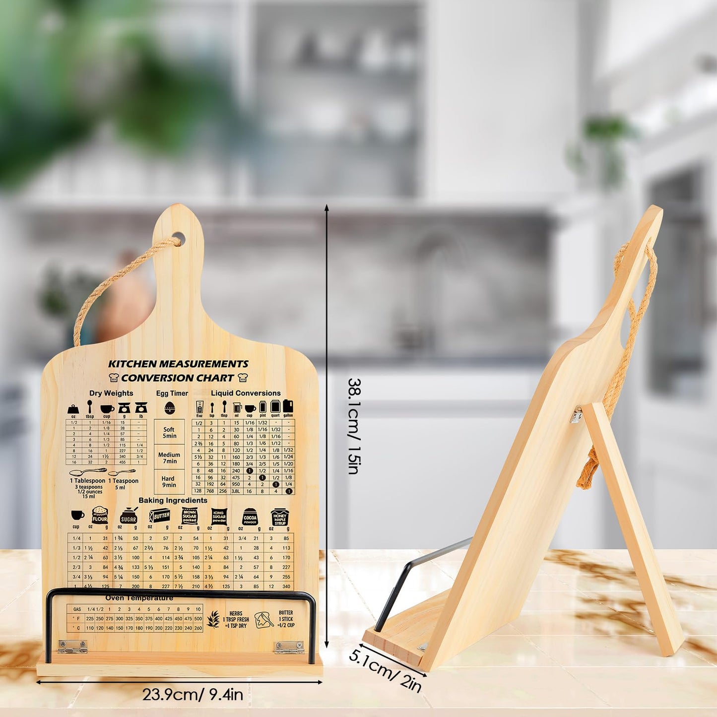 comfoyar Cookbook Stand for Kitchen Counter, Sturdy Recipe Book Holder with Adjustable Angle, Foldable Wood Cook Book Stand Holder with Measurement Conversion Chart for Baking, Easy Storage