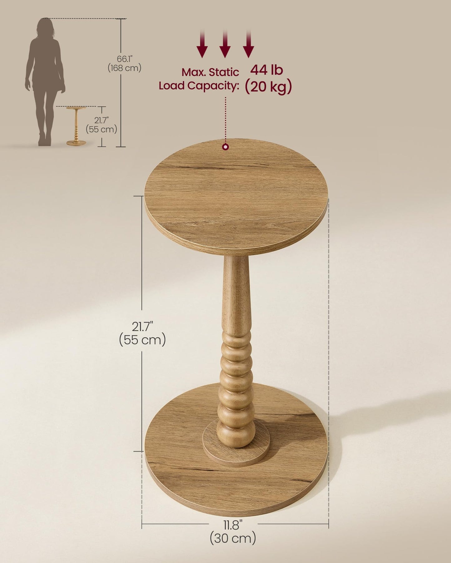 VASAGLE MARIEL Collection - Round Side Table, Small Drink End Table for Small Spaces, Accent Nightstand, Solid Wood Leg, Mid-Century Modern, for Living Room Bedroom, Natural Brown ULET293HC01S