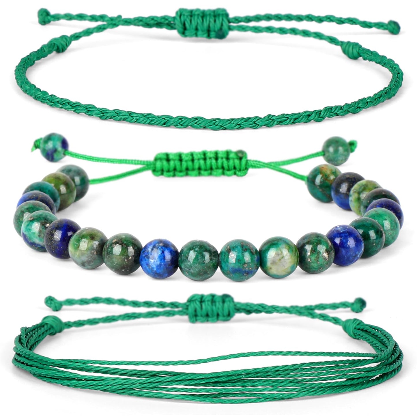 QOGIR Handmade Healing Stones Bracelets,8mm Natural Chrysocolla Lapis Beaded Bracelets for Men Women Gifts with 2PCS Size Adjustable Rope Bracelets