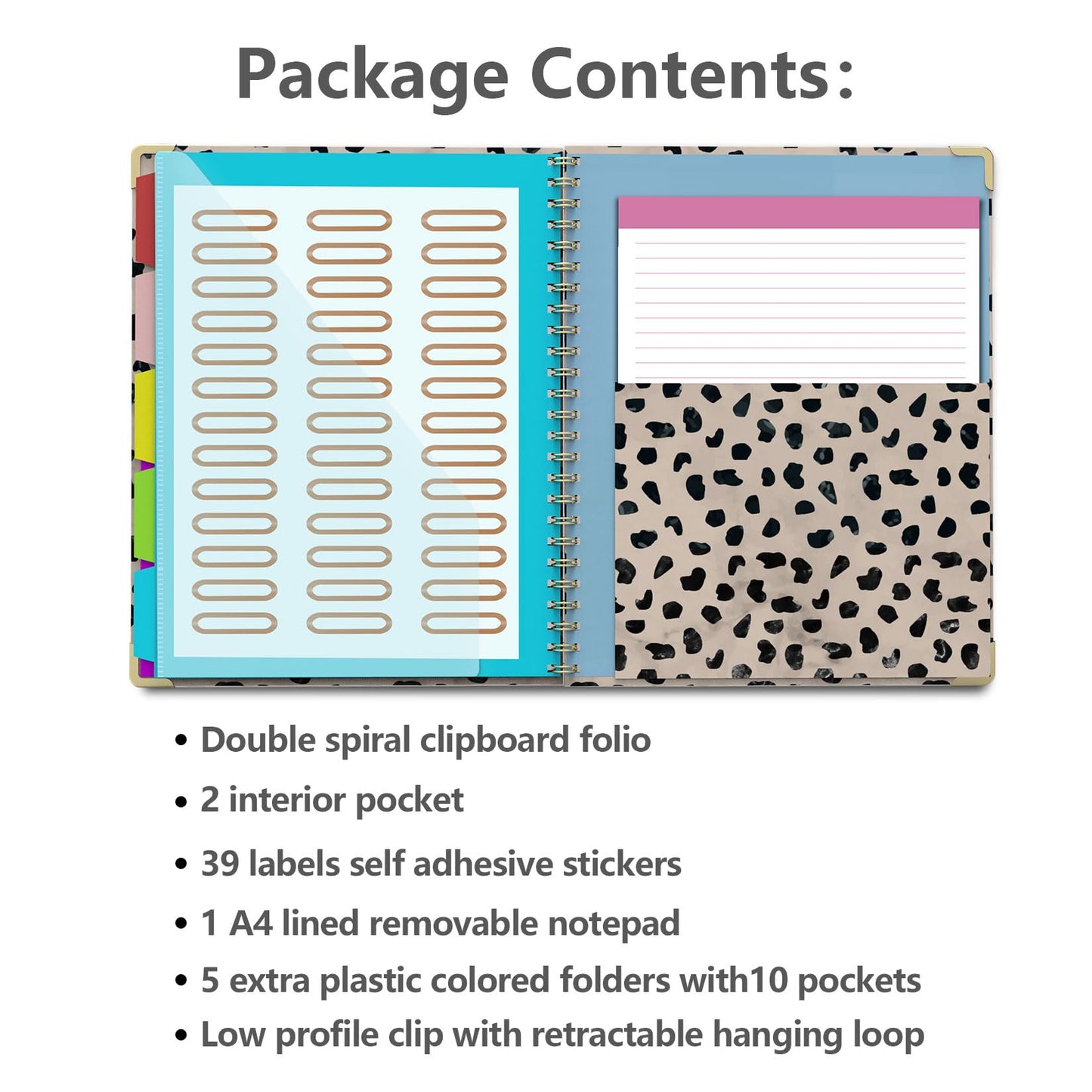Clipboard Folio with Notepad for Letter Size (11" x 8.5"), 5 Extra Folders with Storage 10 Pockets, 39 File Folder Labels, Elastic Closure Spiral Clipboard with Storage(Cheetah Spots)