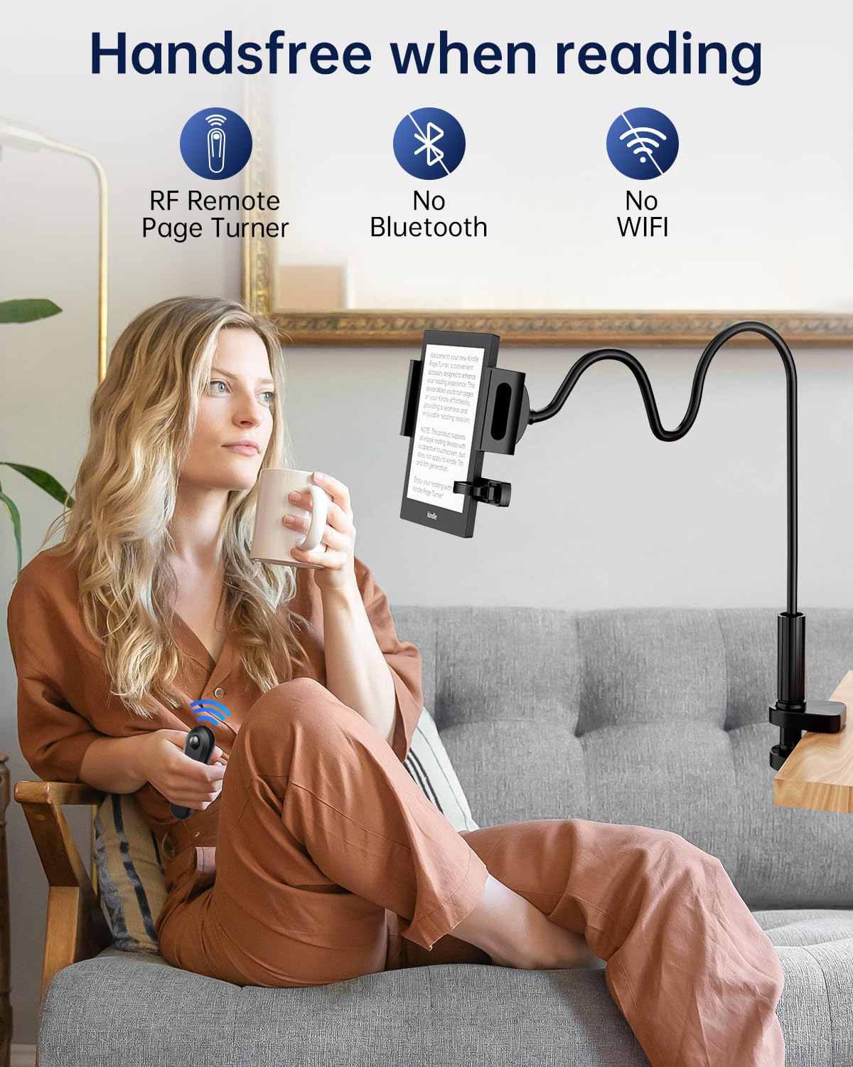 Bongogoo Kindle Holder with Remote Page Turner | Hands-Free Stand for Reading in Bed or Desk – Compatible with Kindle Paperwhite, Oasis, iPad, iPhone, and More | Fits Devices from 4.5” to 10”