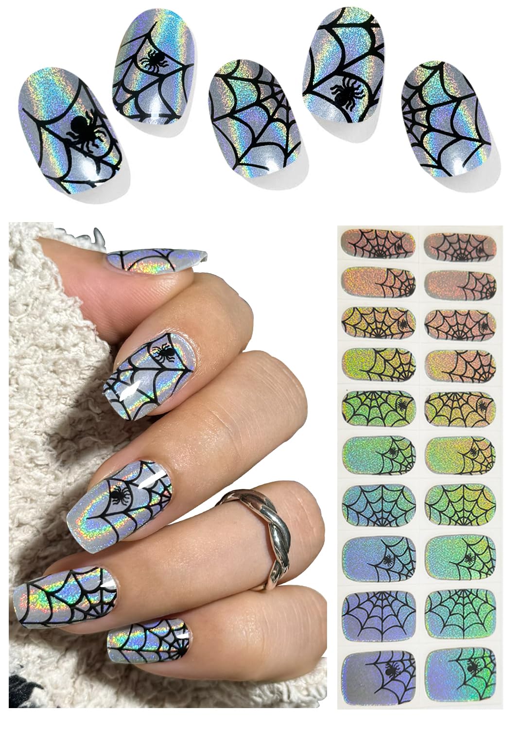 Semi Cured Gel Nail Strips, Laser Spider Web 20pcs Adhesive UV Sticker, Wraps for Home Manicure DIY
