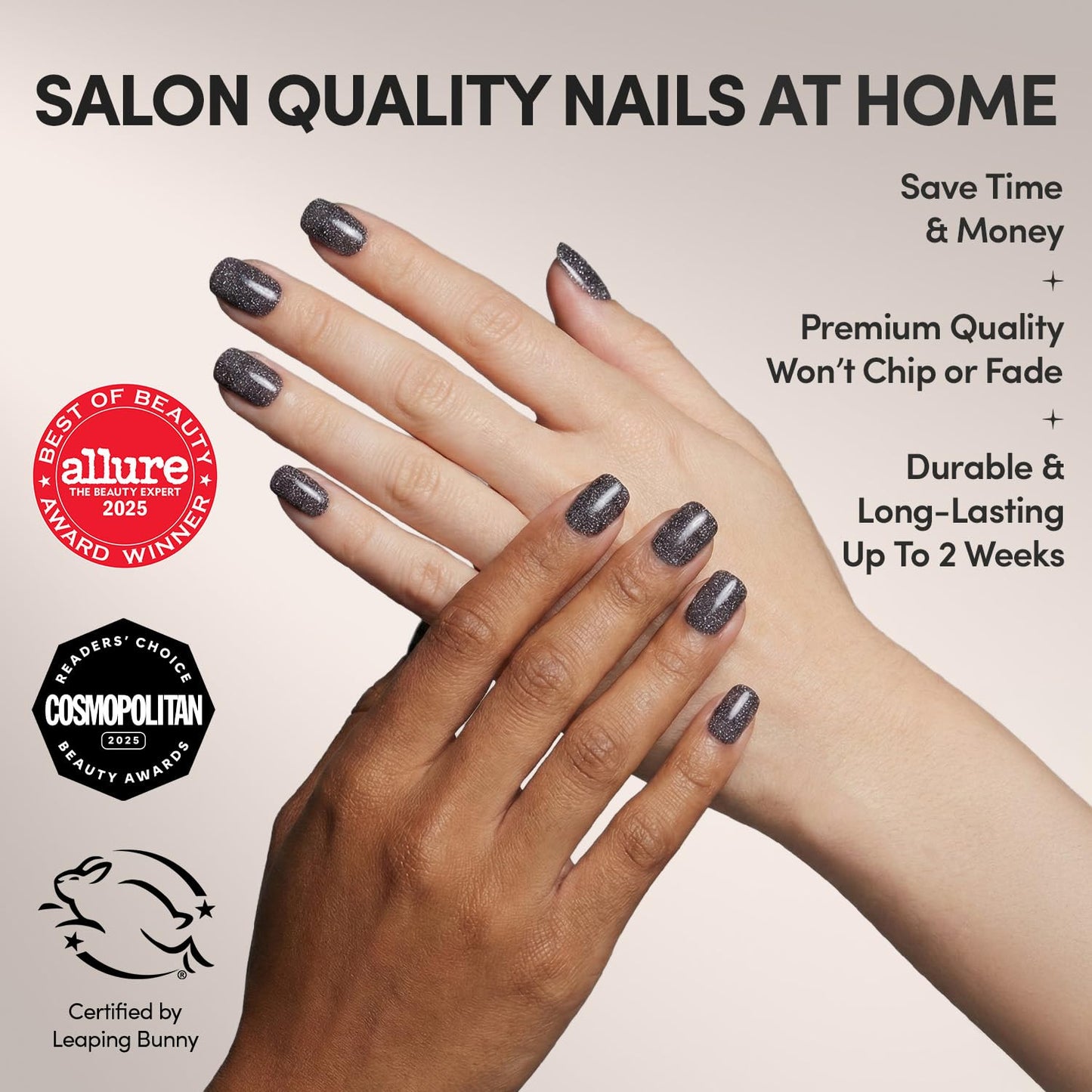 Glamnetic Press On Nails - Cosmic | Semi-Transparent Sparkly Black Short Squoval Fake Nails with a Glossy Finish, Salon Quality | 15 Sizes - 30 Nail Kit with Glue