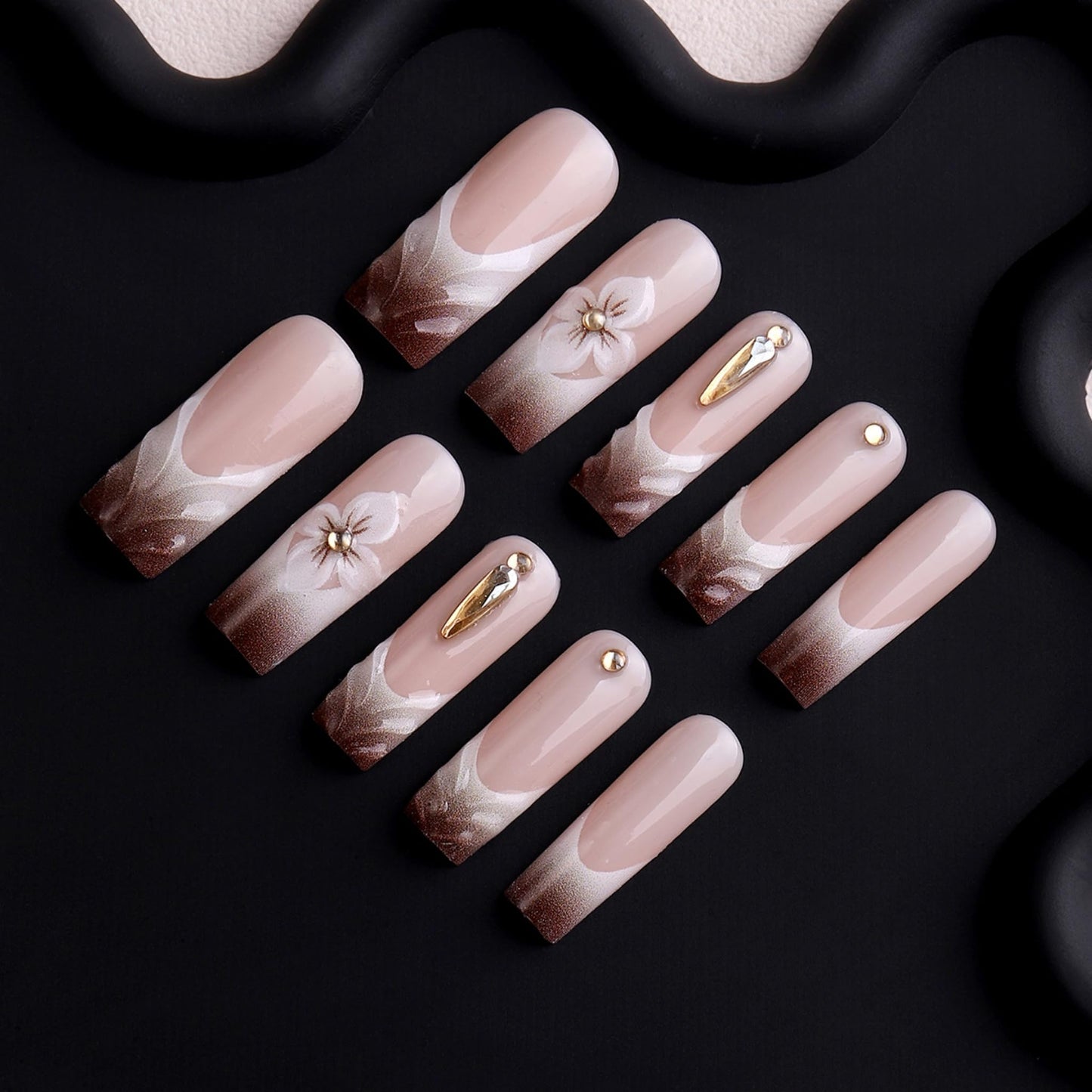SEENEEY Long Press on Nails Square Fake Nails Brown Artificial Nail 3D Flowers Designs Rhinestones Glitter Stick on Nail for Women 24pcs