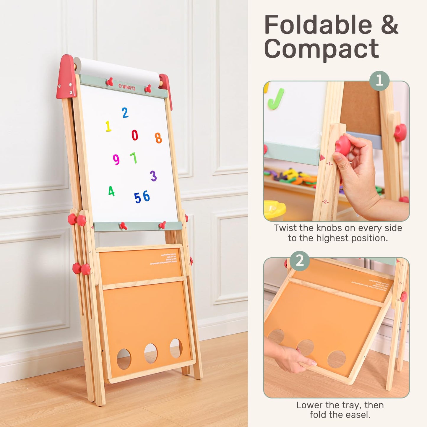 WINGYZ 3-in-1 Art Easel for Kids – Sturdy Pine Wood Easel with Magnetic Whiteboard, Chalkboard & 400" Paper Roll, Foldable Adjustable Heights for Ages 2-12, Complete Tool-Free Art Station