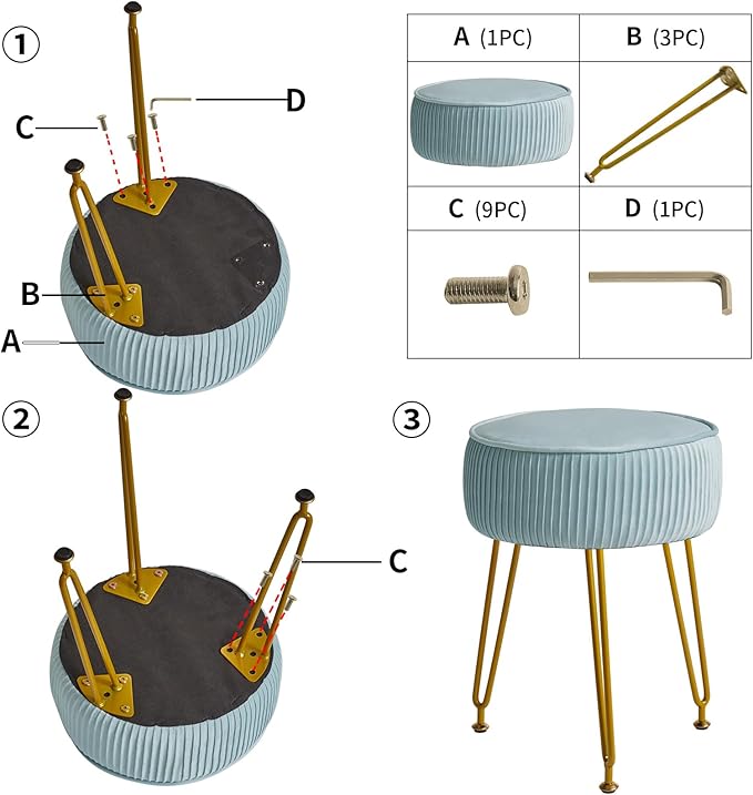IBUYKE Velvet Round Footrest Stool Ottoman, Makeup Vanity Stool Side Table, Velvet Dressing Table Seat, Pouf Couch Stool, Golden Steel Legs, Blue LG-30H