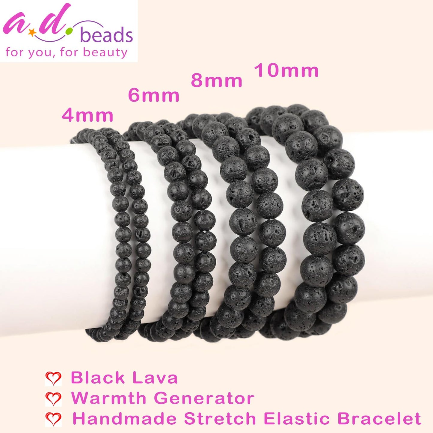 AD Beads Handmade Gemstone Stretch Elastic Bracelet Crystal Healing Reiki Nature's Beauty and Spiritual Essence Unisex (10mm, Black Lava (Warmth Generator))