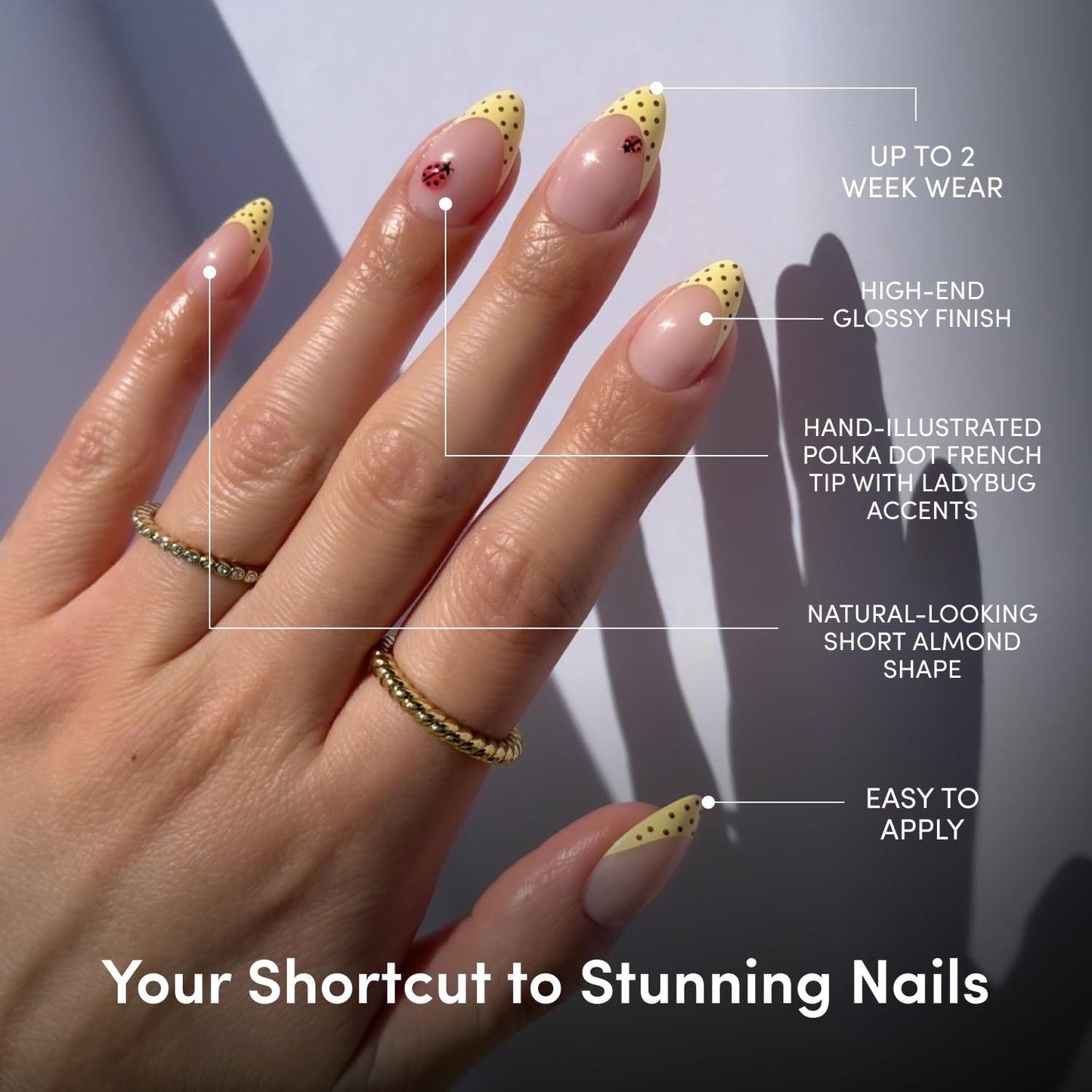 Glamnetic Press On Nails - Short Almond Fake Nails with Polka Dot French Tips & Ladybugs | Salon Quality Summer Nails | Lady Luck | 15 Sizes - 30 Nail Kit with Glue