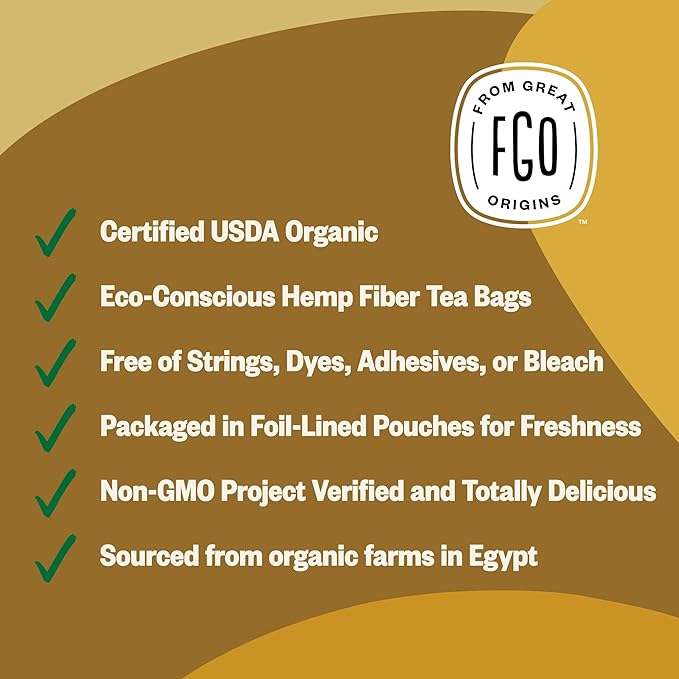 FGO Organic Chamomile Tea, 100 Eco-Conscious Tea Bags, Caffeine Free, Resealable Bag, Packaging May Vary (Pack of 1)