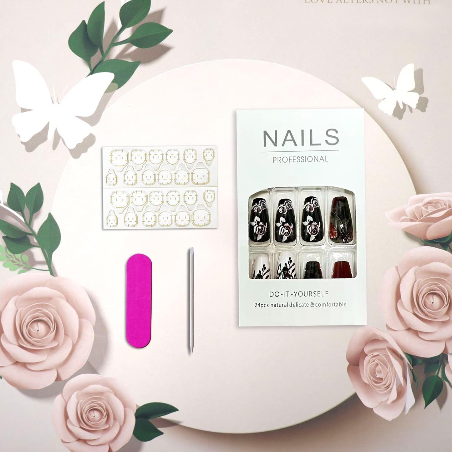 Vopintpy Red Rose Press on Nails Long Coffin Fake Nails with Design Glossy Acrylic Glue on Nail Reusable Full Cover Artificial Stick on Nail for Women DIY Manicure