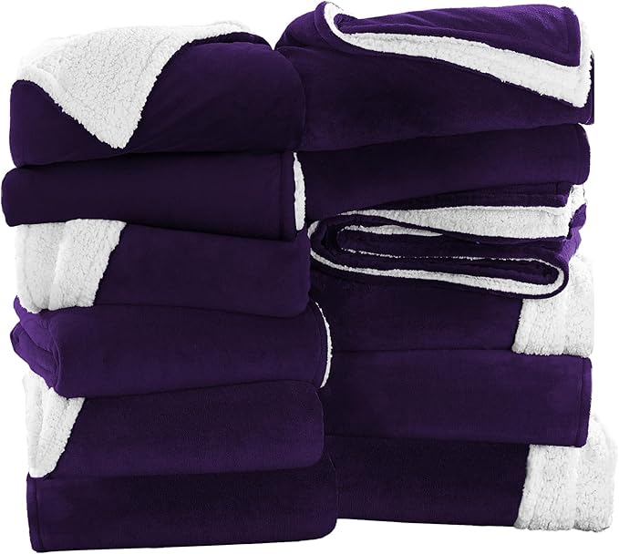 IR Imperial Rooms Purple Sherpa Fleece Throw Blanket Twin Size for Bed - Wholesale Bulk Pack of 12 Sherpa Blankets - Soft Fluffy Throw Blankets for Hotels, Guest Bedroom, 60x80 Inches