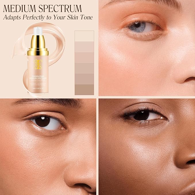 Color Changing Foundation Liquid 4 in 1, Foundation for Older Women, Hydrating Longwearing & Waterproof Concealer, SPF 50+ Foundation Makeup Base Nude Face, Medium Spectrum for all Skin