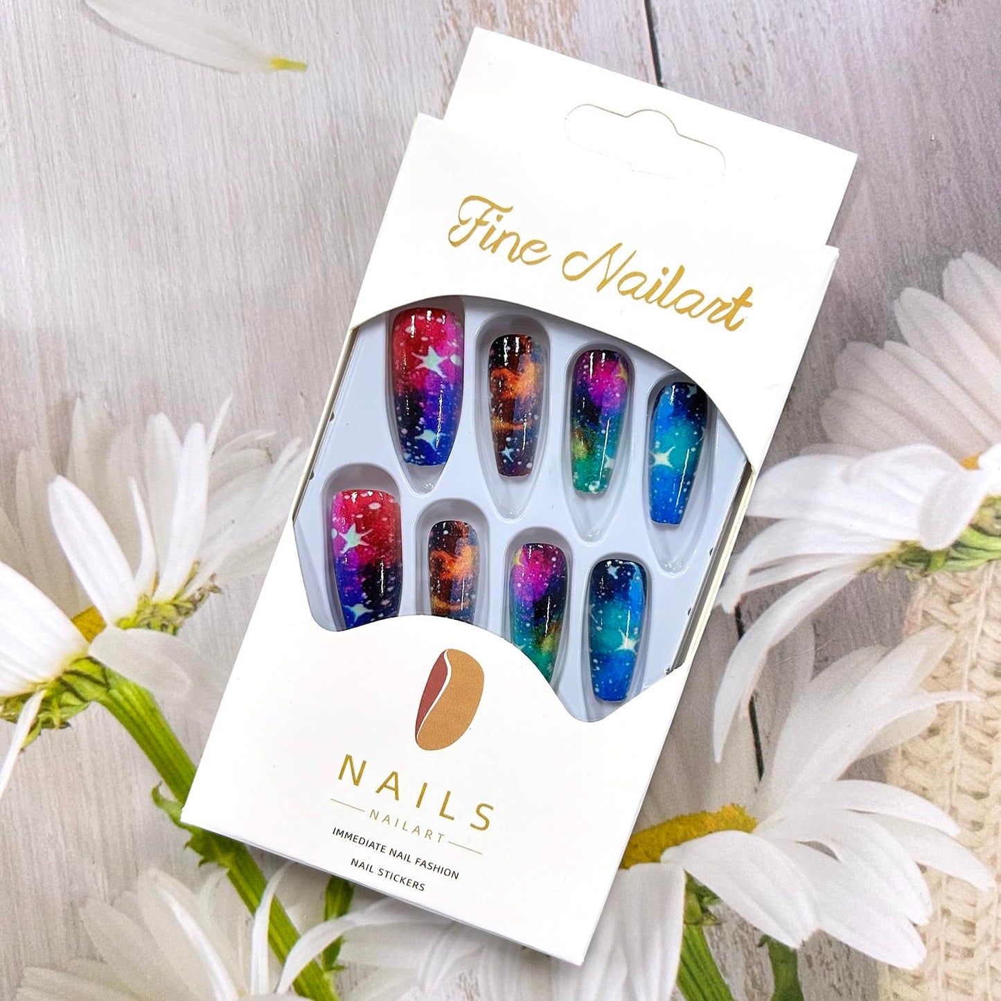 CJDLTS Press on Nails Medium Ballet Shaped Colorful Starry Sky Pattern Design Glitter Nails Stars False Nails Full Cover Artificial Coffin Nails Acrylic Stick on Nails Glossy Glue on Nails for Women