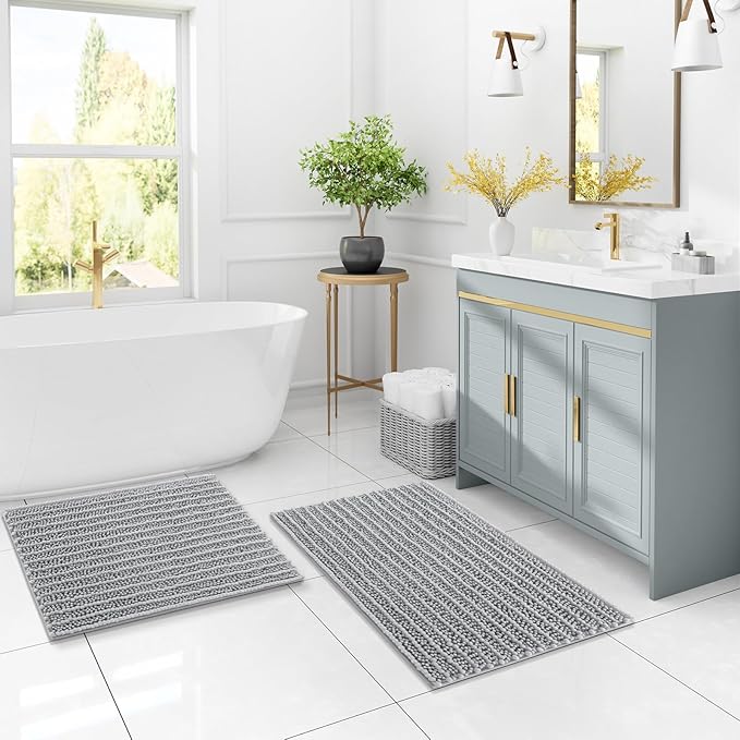 Arotive Luxury Chenille Bathroom Rug Mat, Extra Soft Thick Absorbent Shaggy Bath Rugs, Non-Slip Machine Wash Dry, Plush Bath Mats for Bathroom, Shower and Tub, 47x24, Light Grey