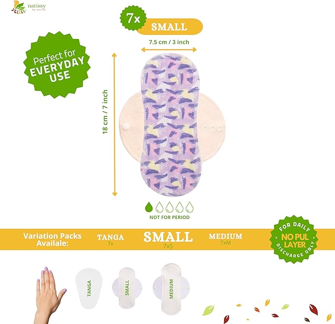 Non-Slip Organic Reusable Panty Liners for Women & Teens (Small, 7-Pack); High-Temp Washable Cotton Cloth Liners; Stay Fresh & Dry, for Daily Vaginal Discharge Only; 100% Breathable (no PUL/TPU)